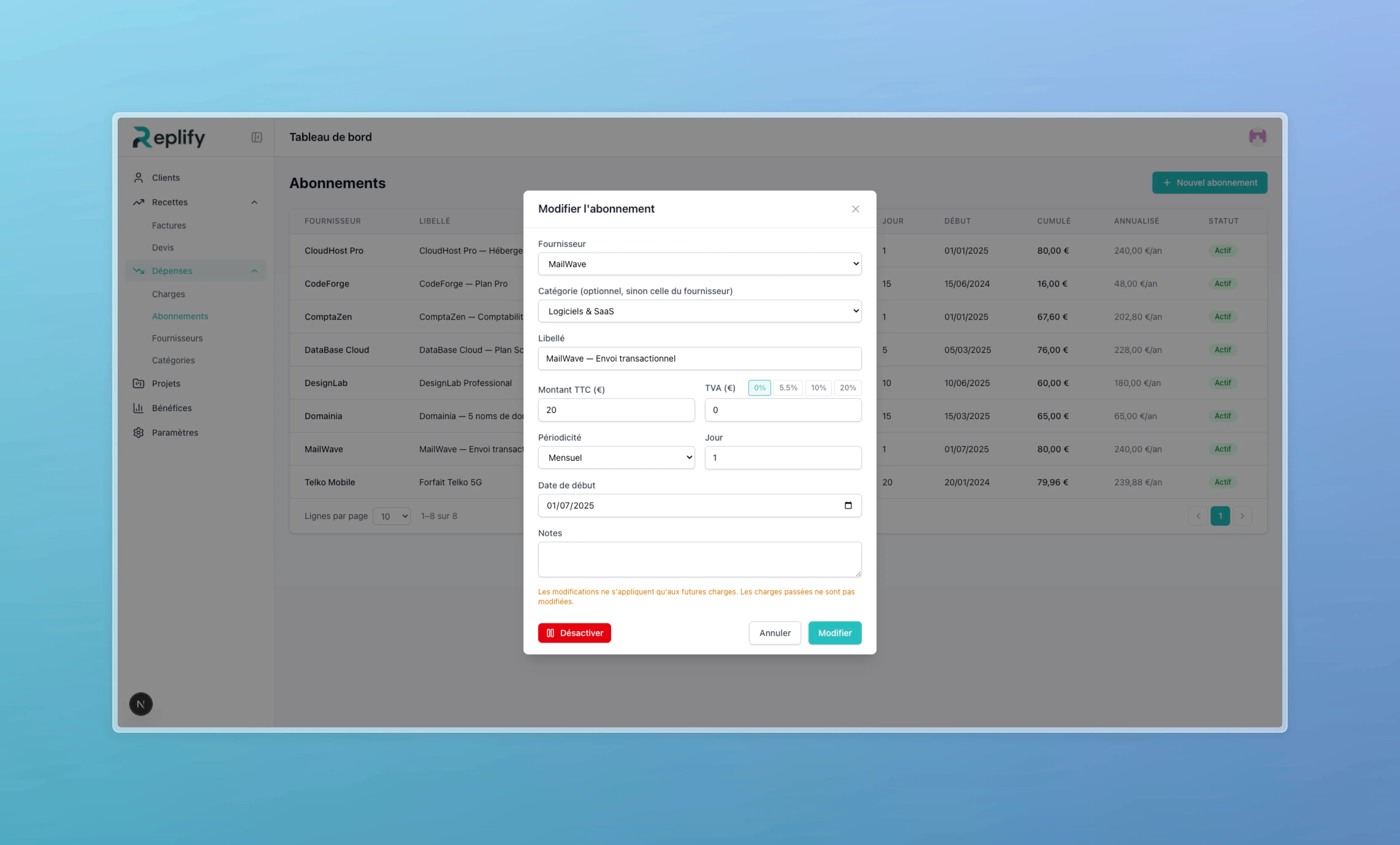 Modal for editing a subscription with supplier selection, category, amount, VAT, and billing period