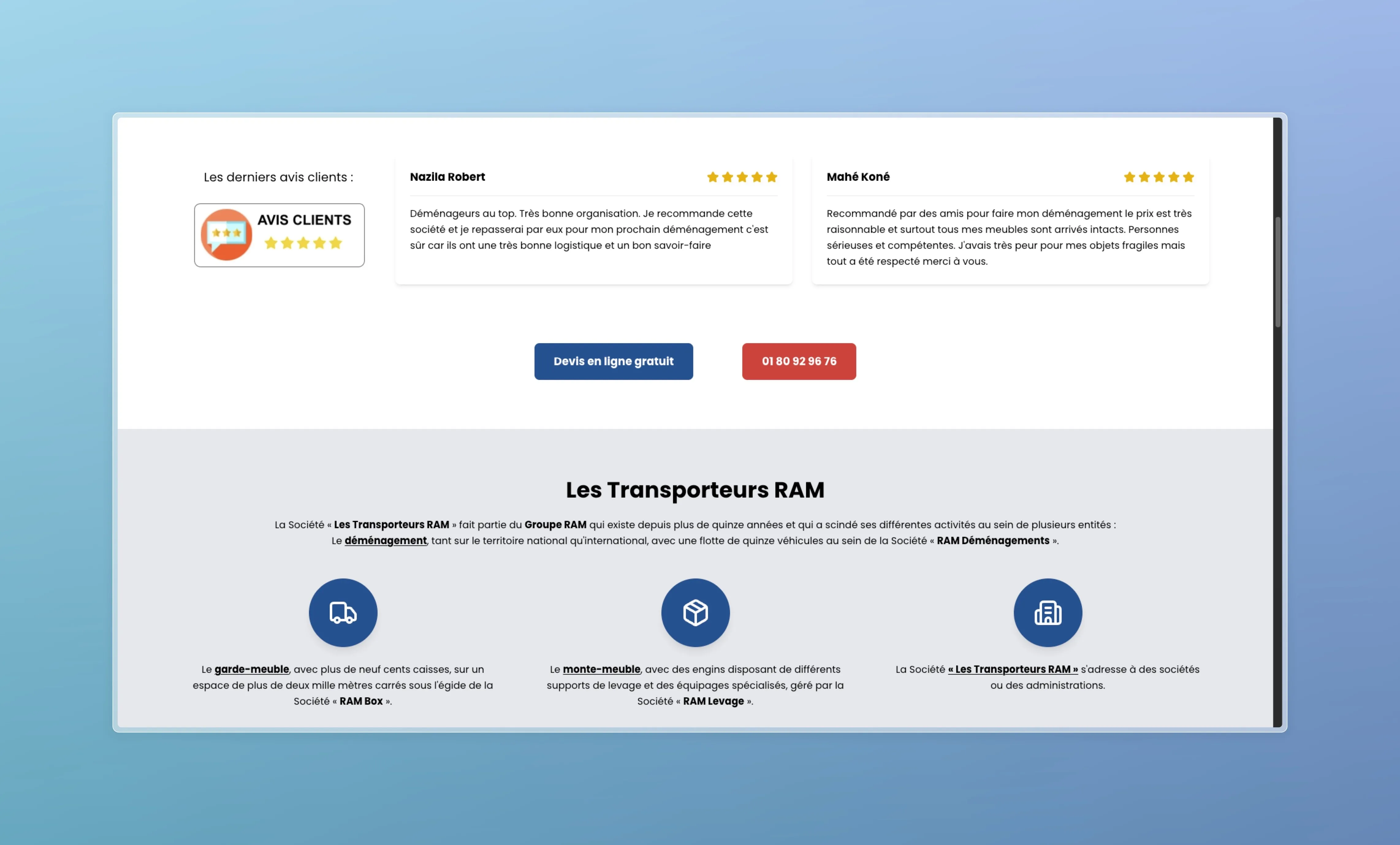 Section avis clients et présentation de l’entreprise Les Transporteurs RAM avec éléments de réassurance.
