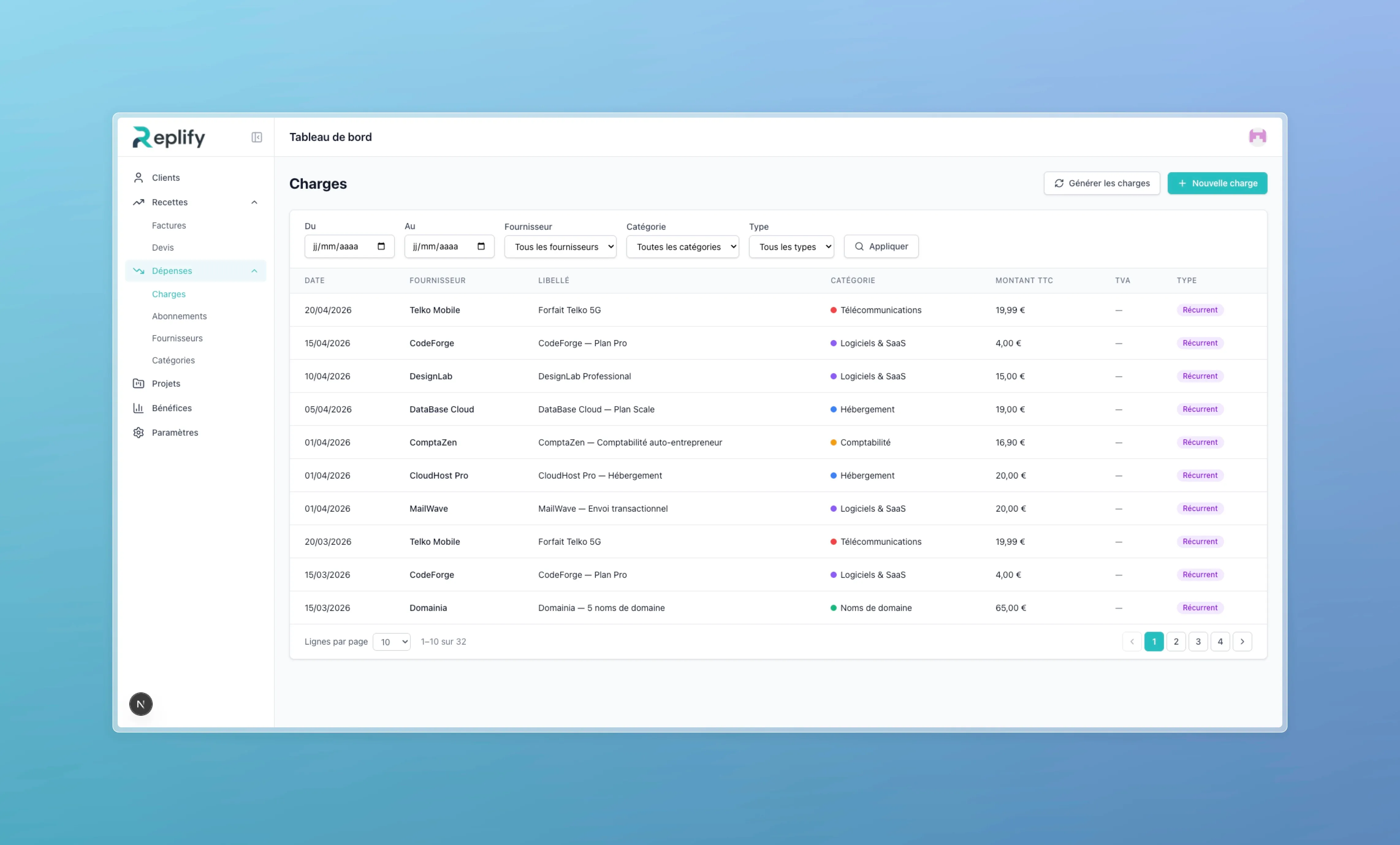 Expense table organized by date, supplier, label, category, amount, and recurring or one-off type