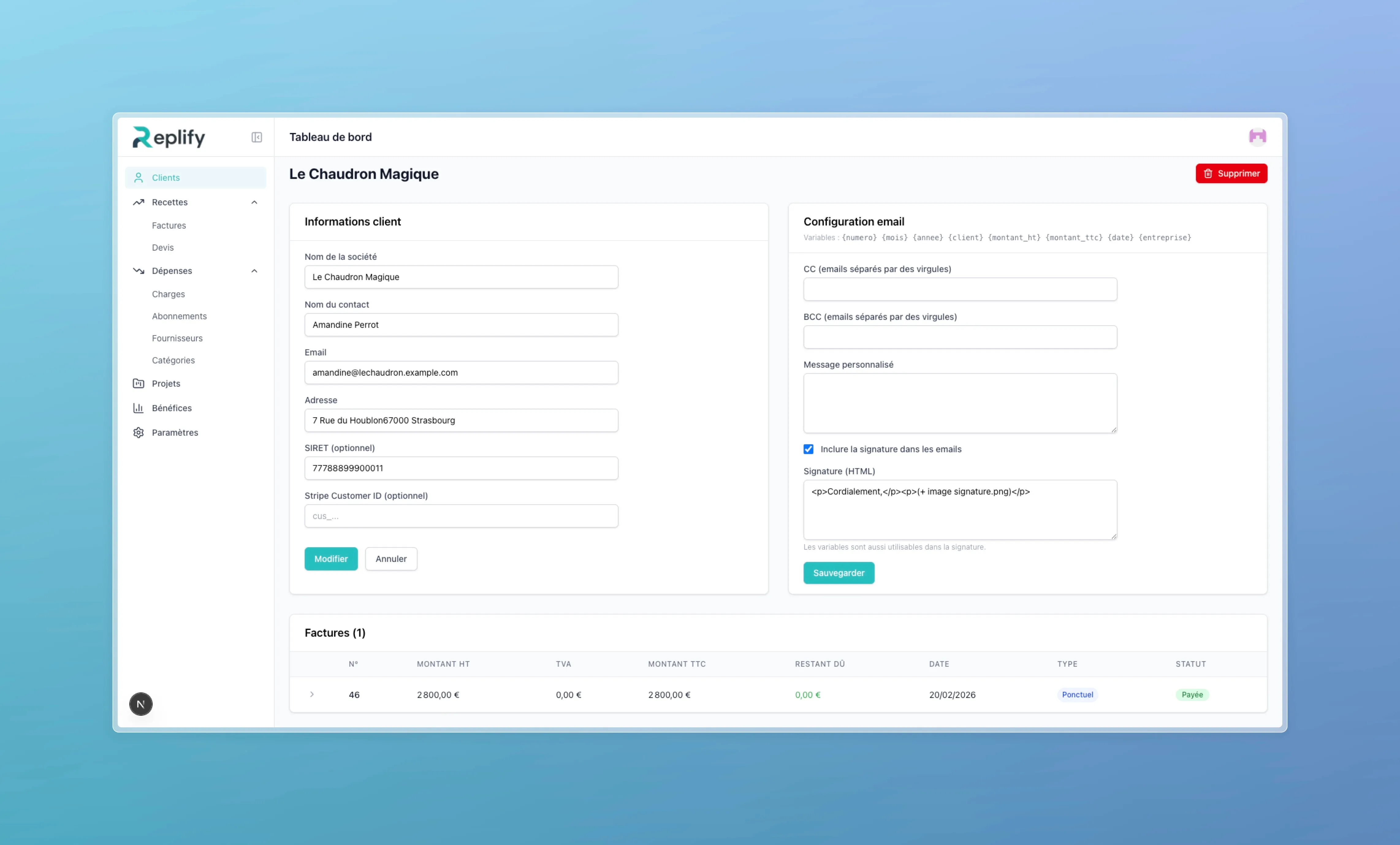 Client detail page with company information, custom email configuration, HTML signature, and invoice history