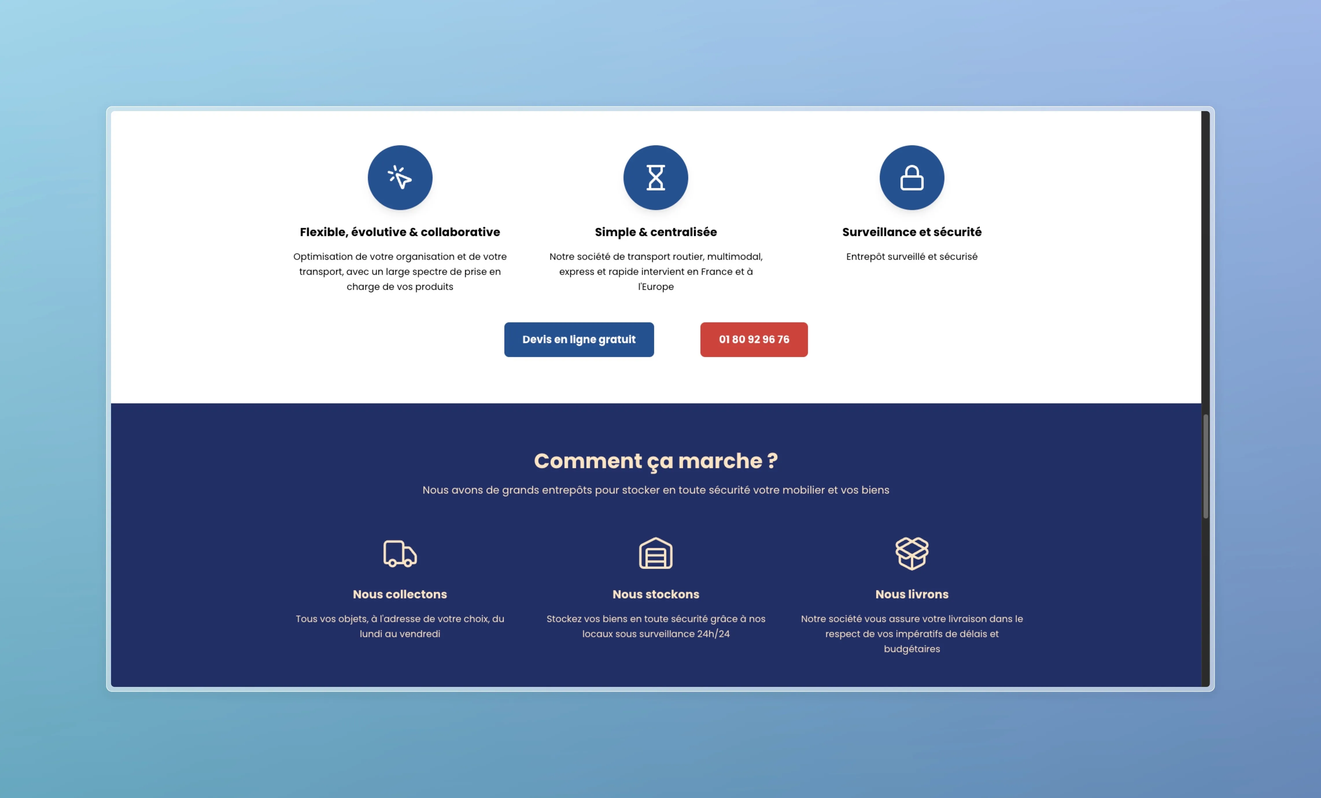 Section “Comment ça marche ?” décrivant le parcours : collecte, stockage et livraison.