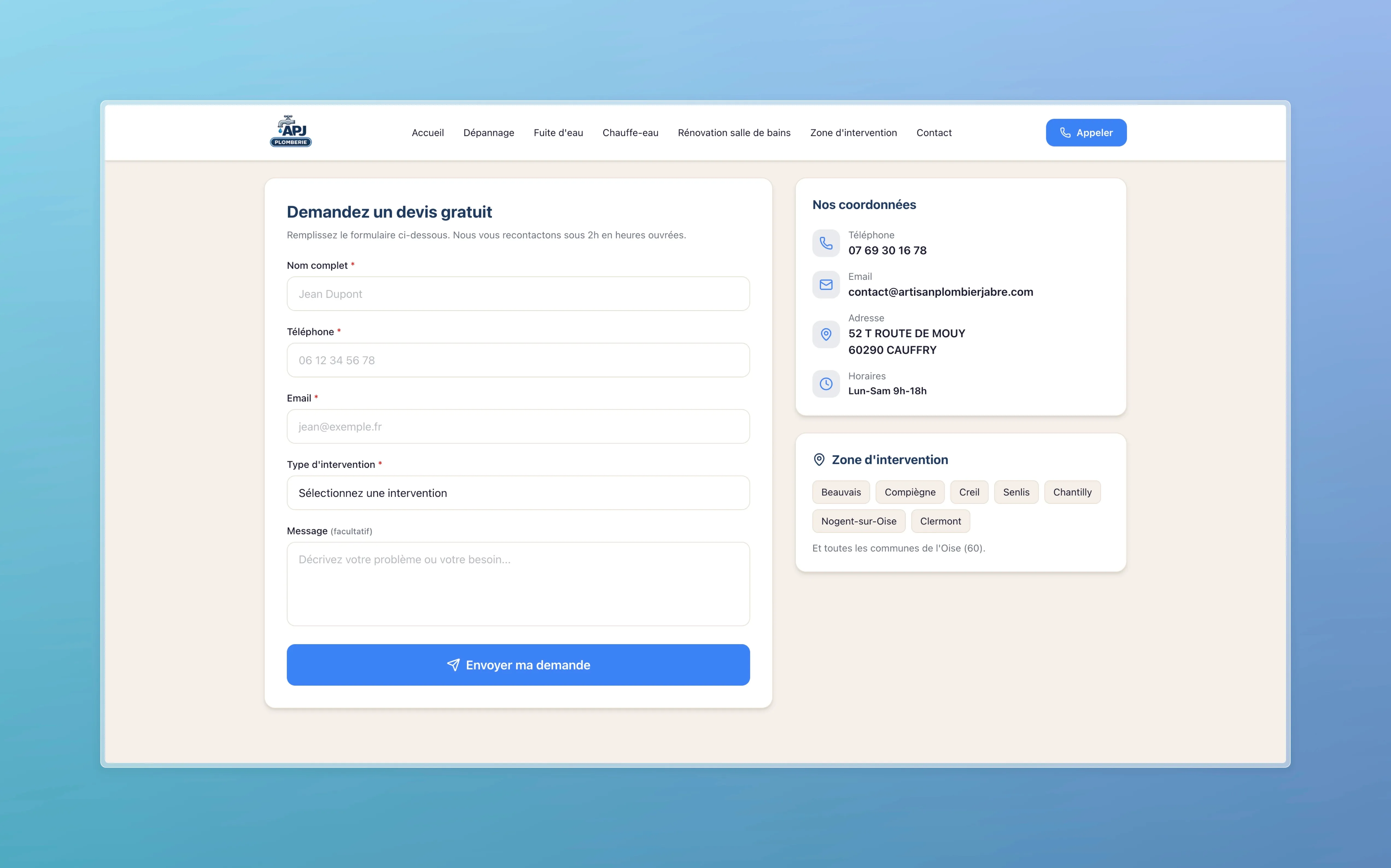 Contact page with a quote request form on the left and the plumber's business details on the right