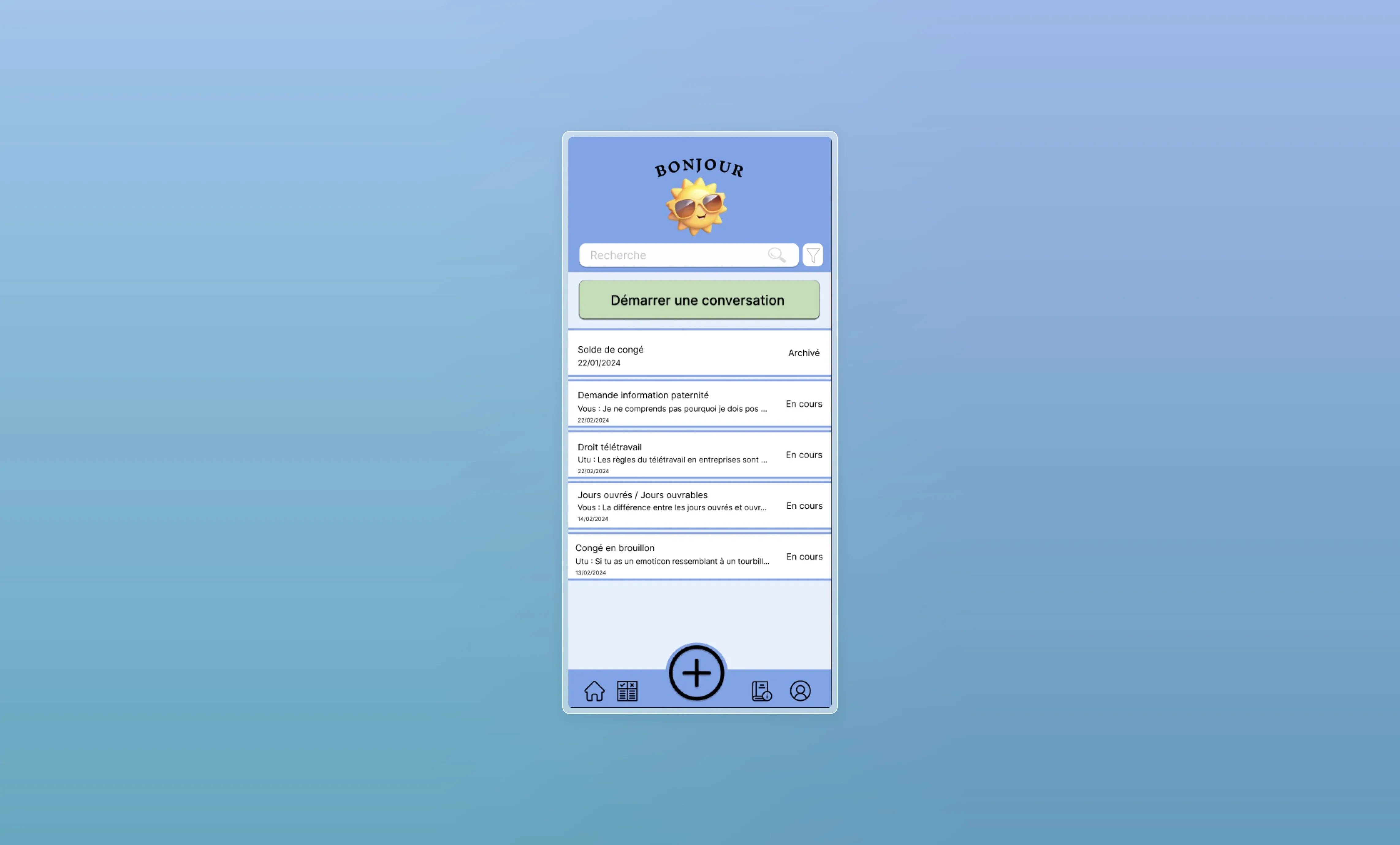 Page d'accueil avec accès direct aux conversations et messagerie