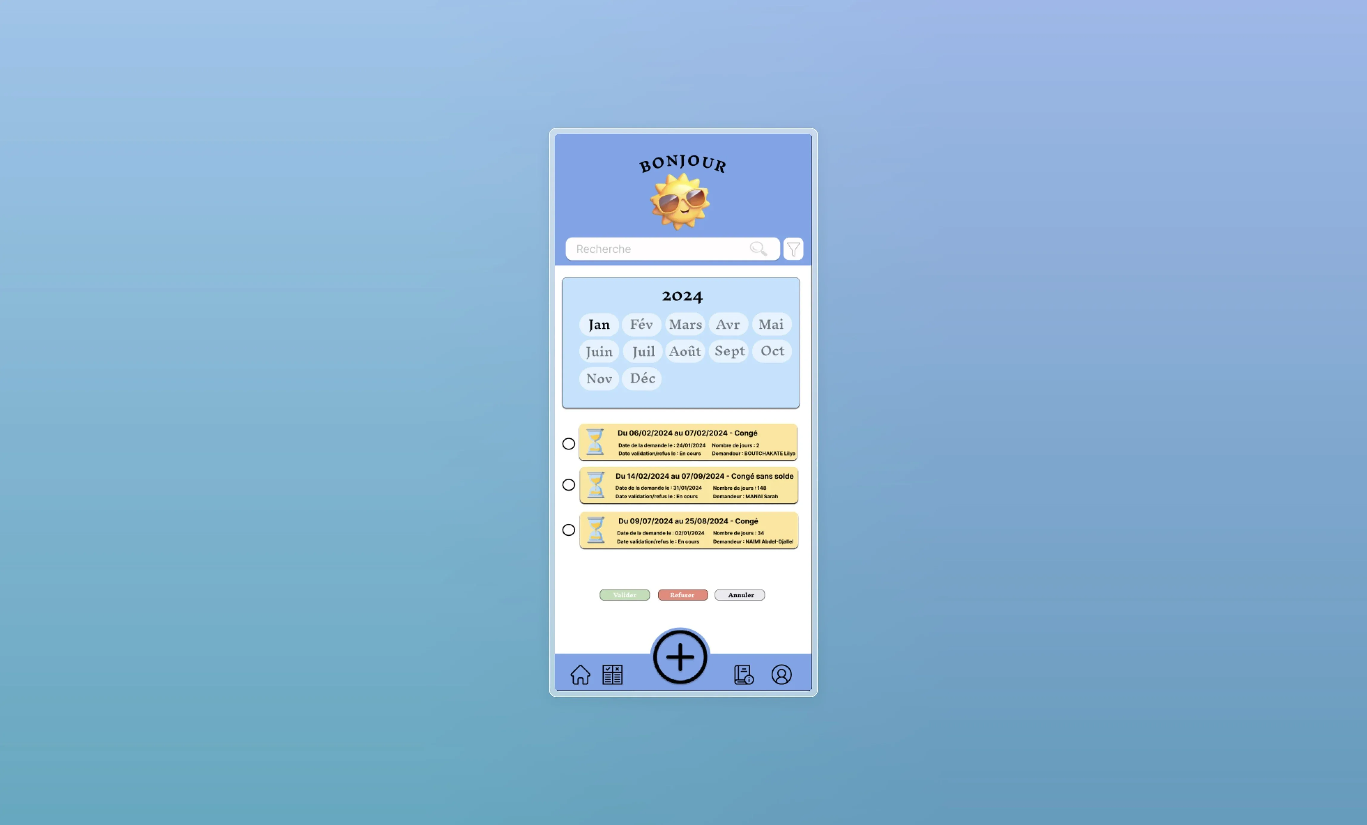 Écran manager montrant les demandes en attente avec options de validation