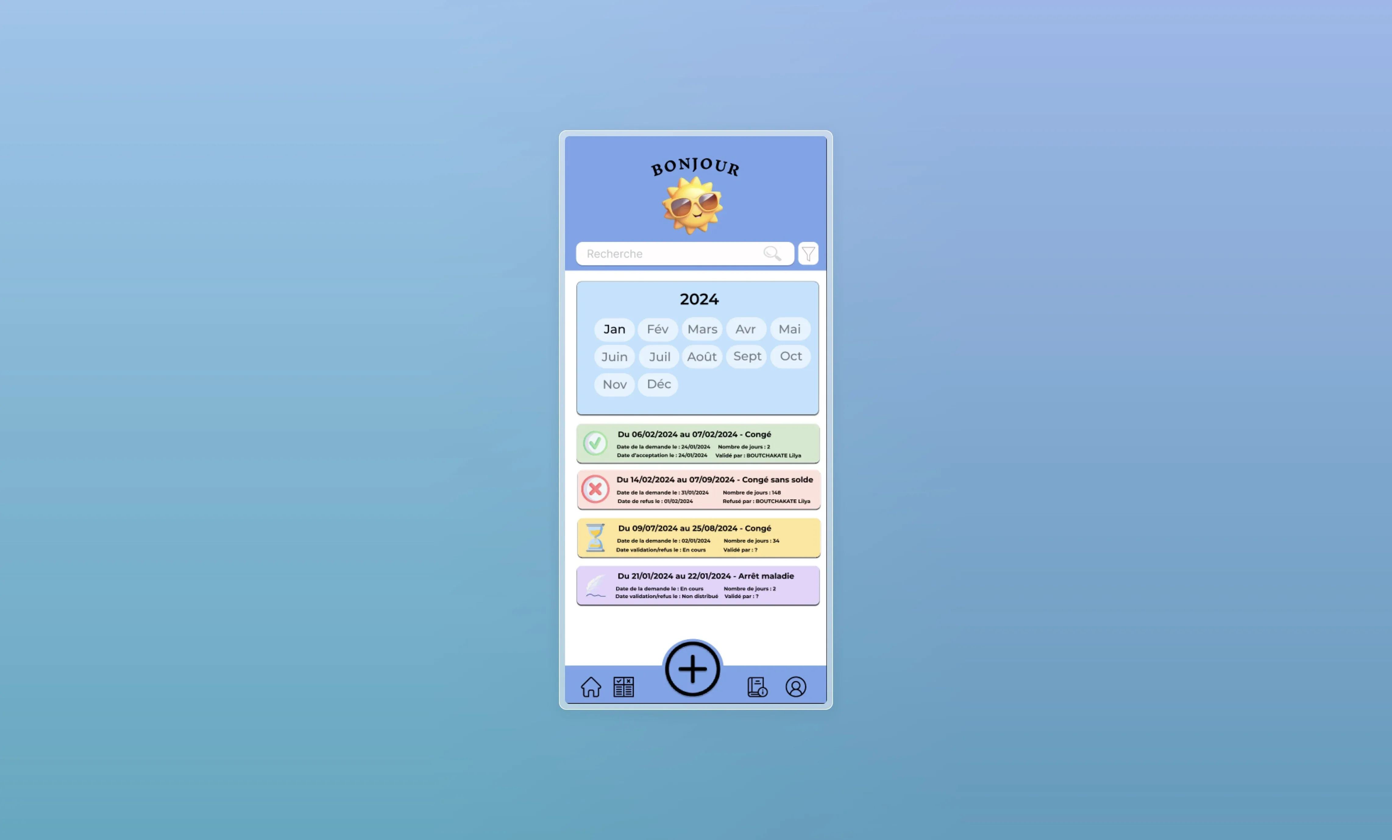 Interface calendrier annuel avec visualisation des congés utilisateur