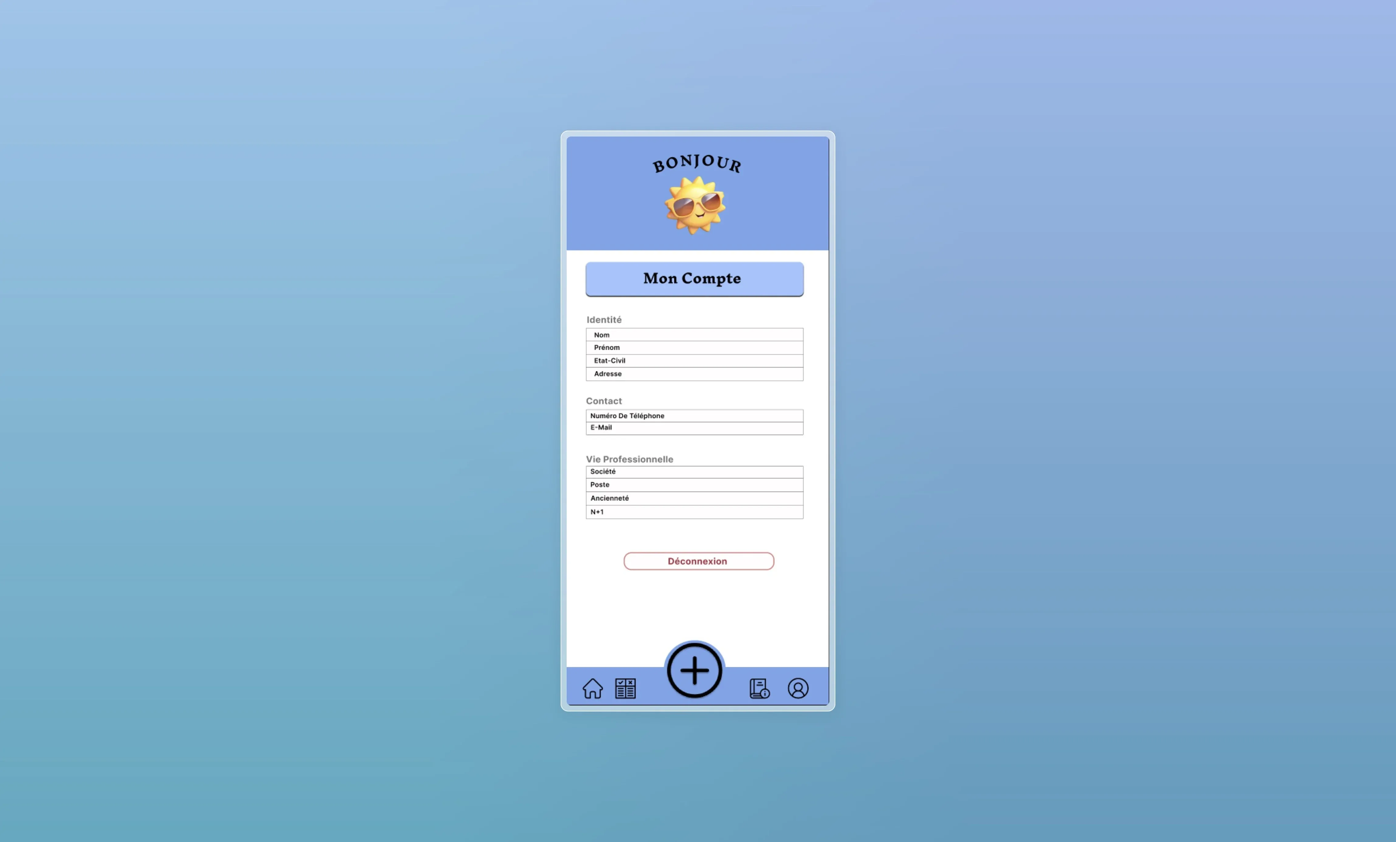 Interface de visualisation du compte utilisateur avec détails personnels