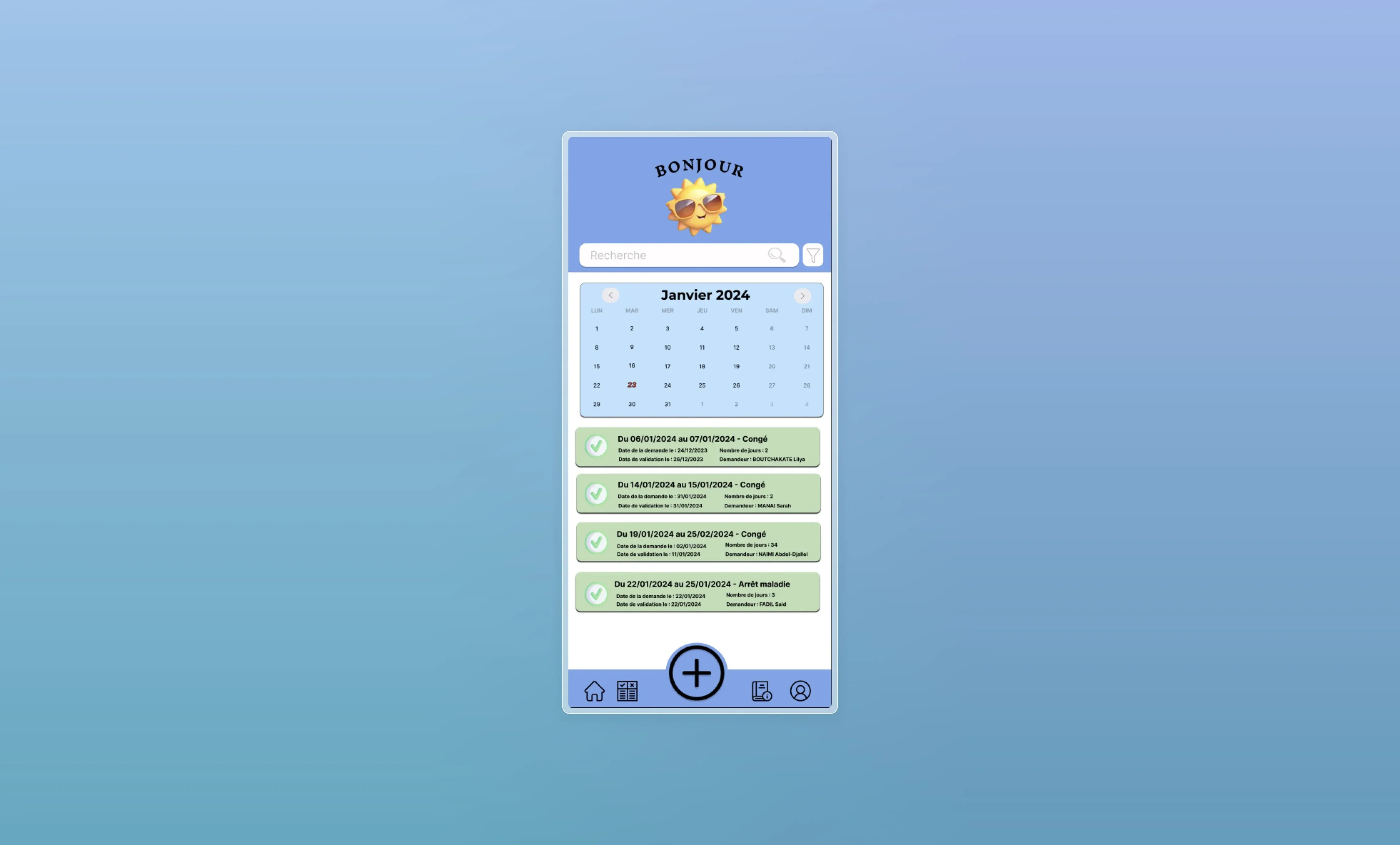 Interface calendrier mensuel avec visualisation des congés utilisateur
