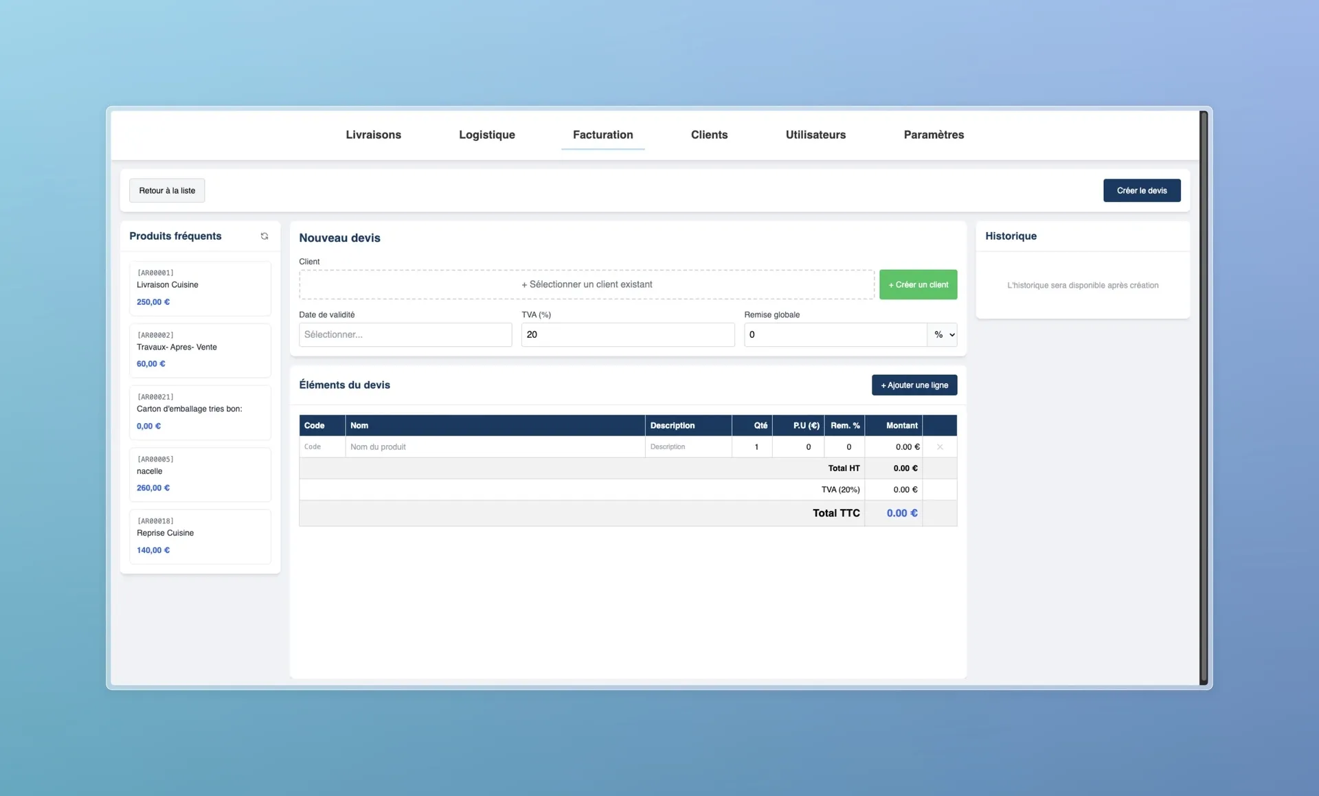 Écran de création de devis avec sélection client, TVA, remise globale et lignes d’éléments du devis.