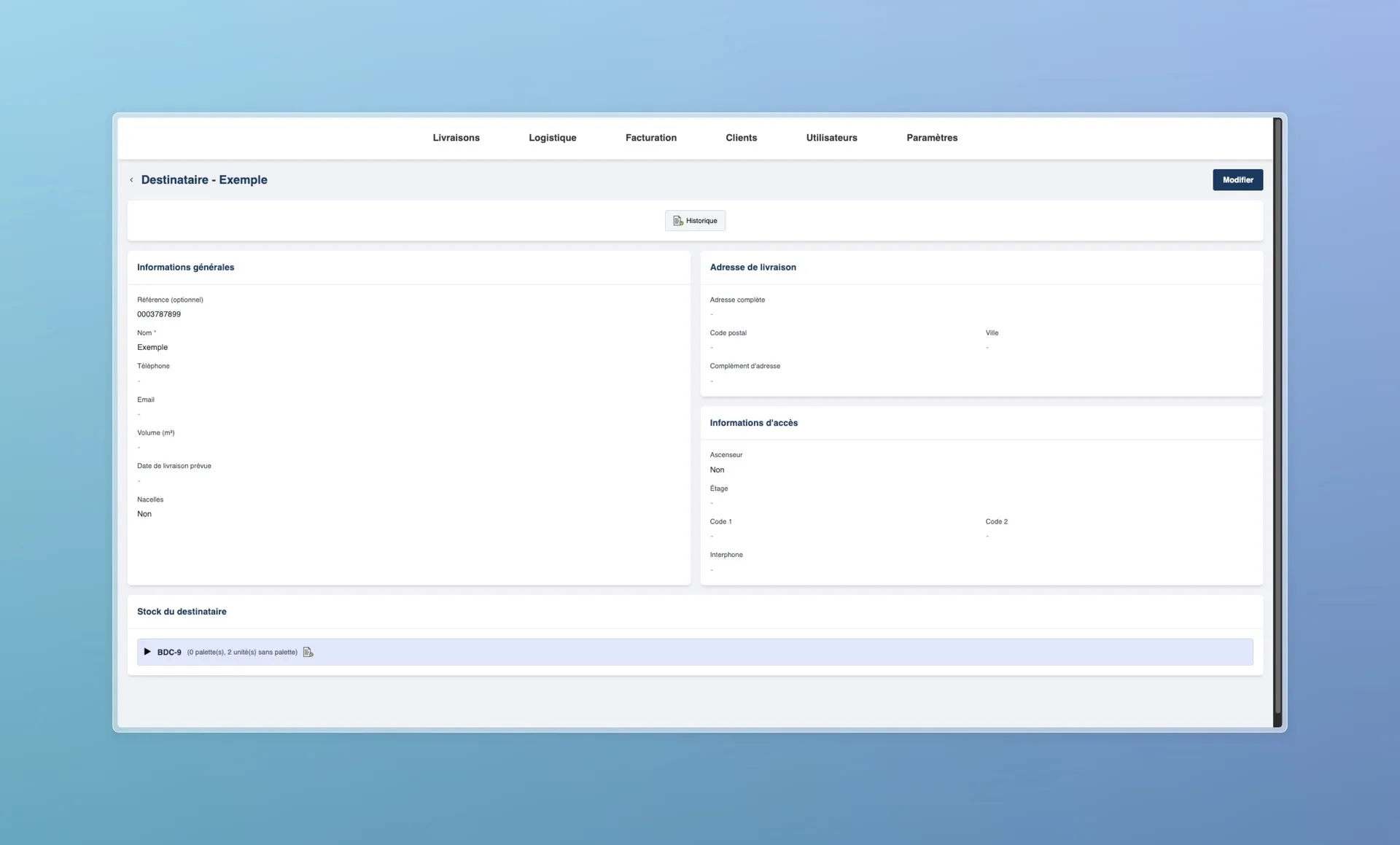 Tableau des destinataires avec filtres (référence, nom, adresse, ville, code postal, livraison prévue).