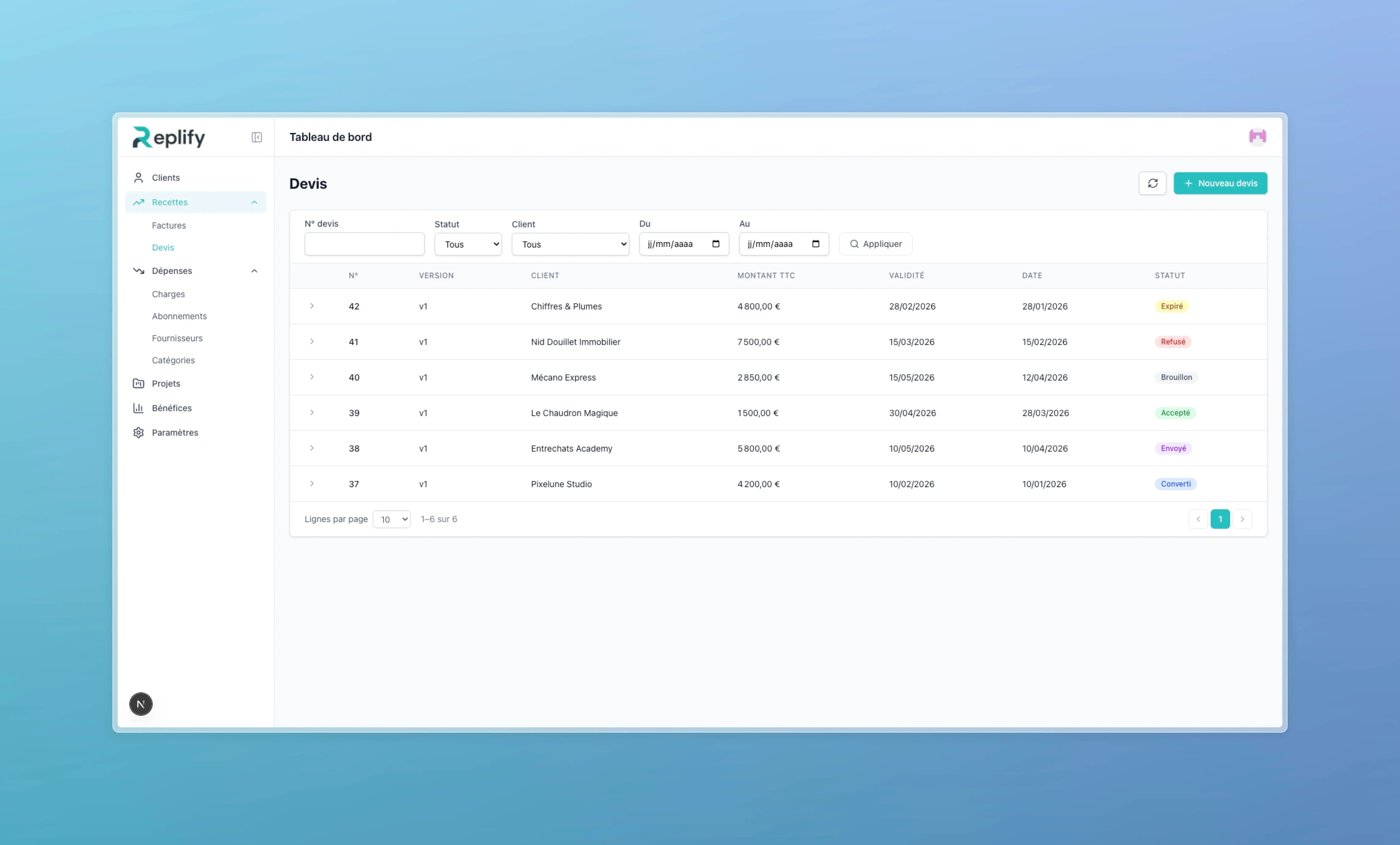 Quotes table with number, version, client, amount, validity, and status (draft, sent, accepted, refused, expired, converted)