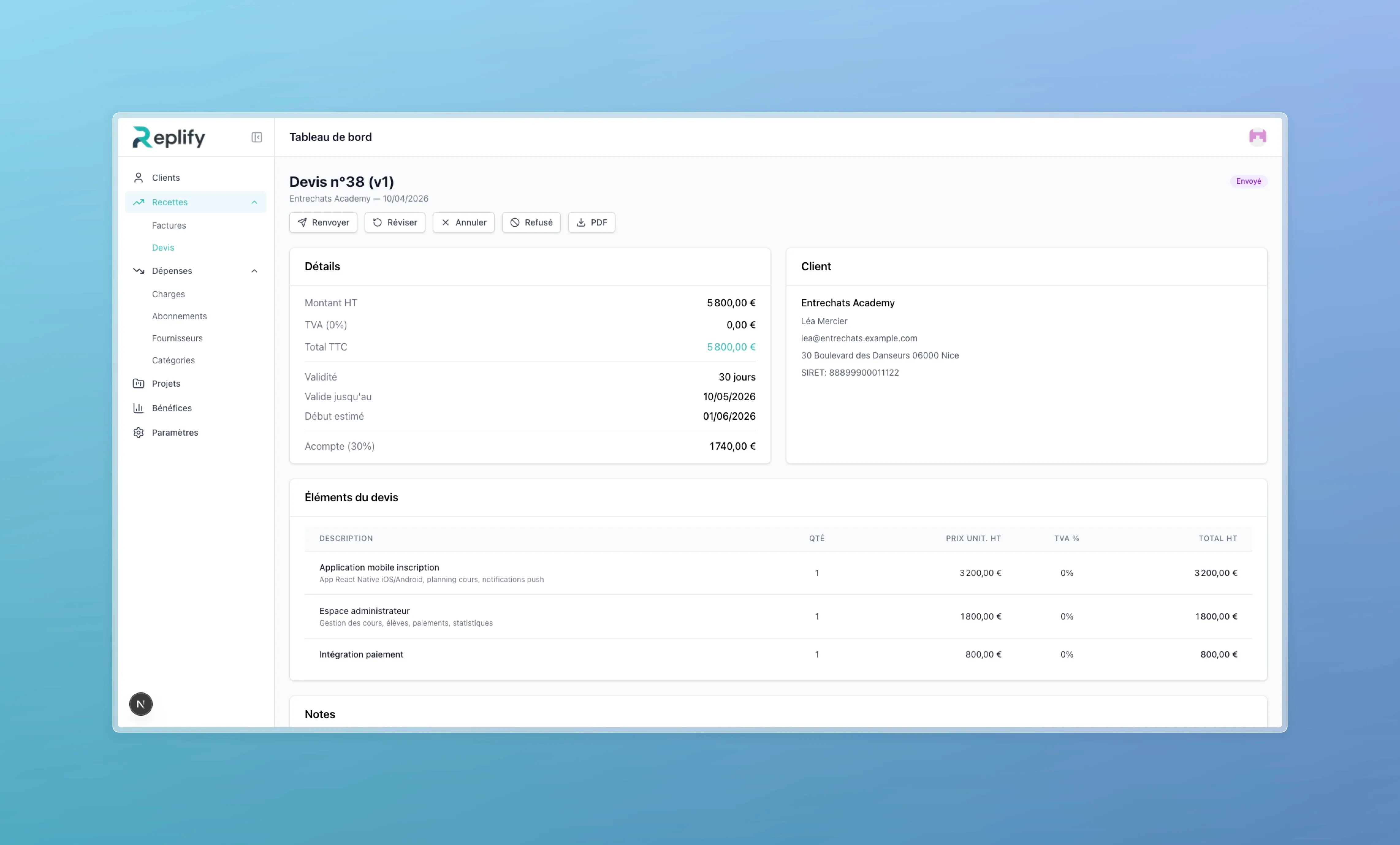 Detailed quote view with amounts, validity, deposit, client information, and quote line items