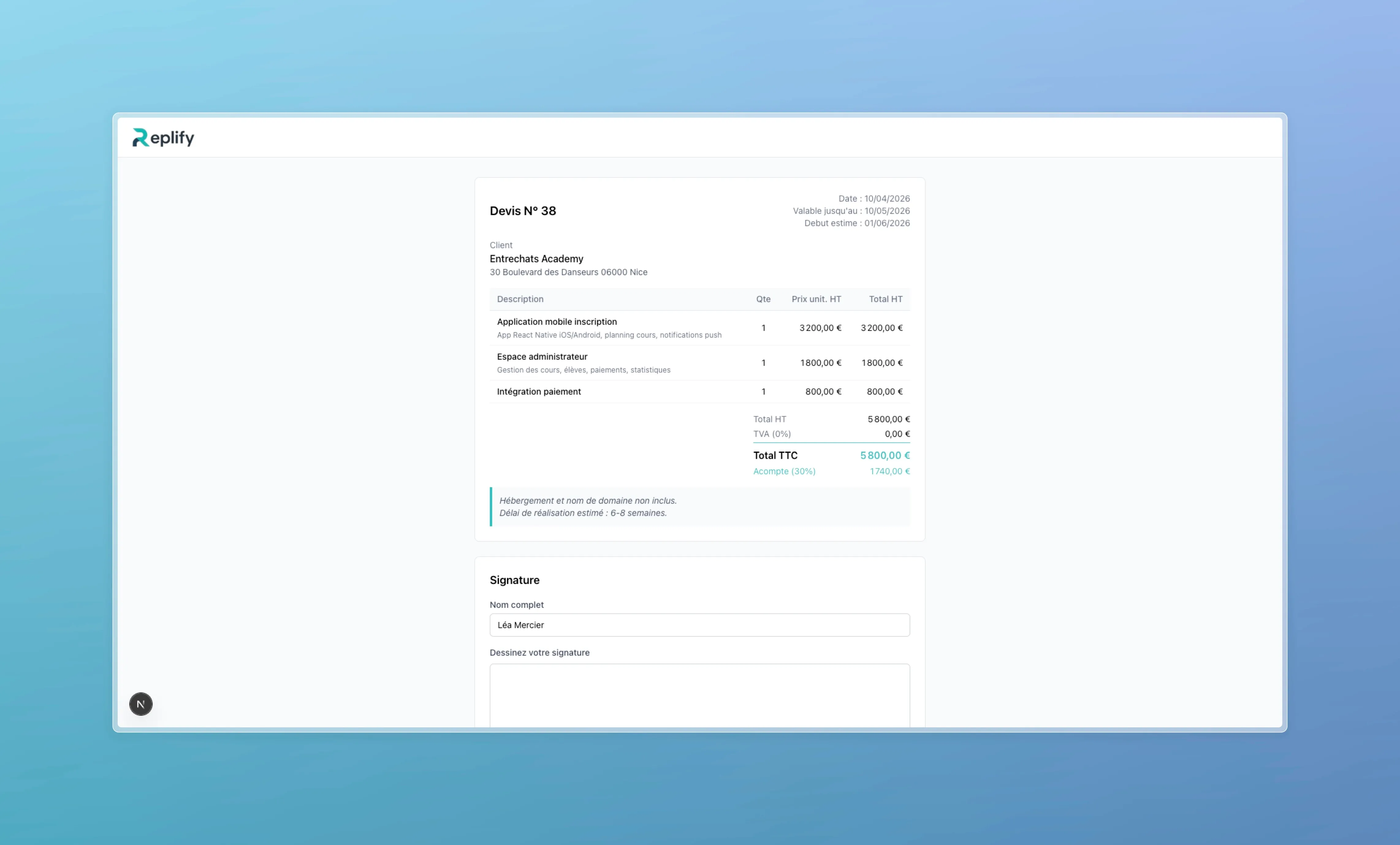 Public page allowing the client to review the quote and sign electronically with name and handwritten signature