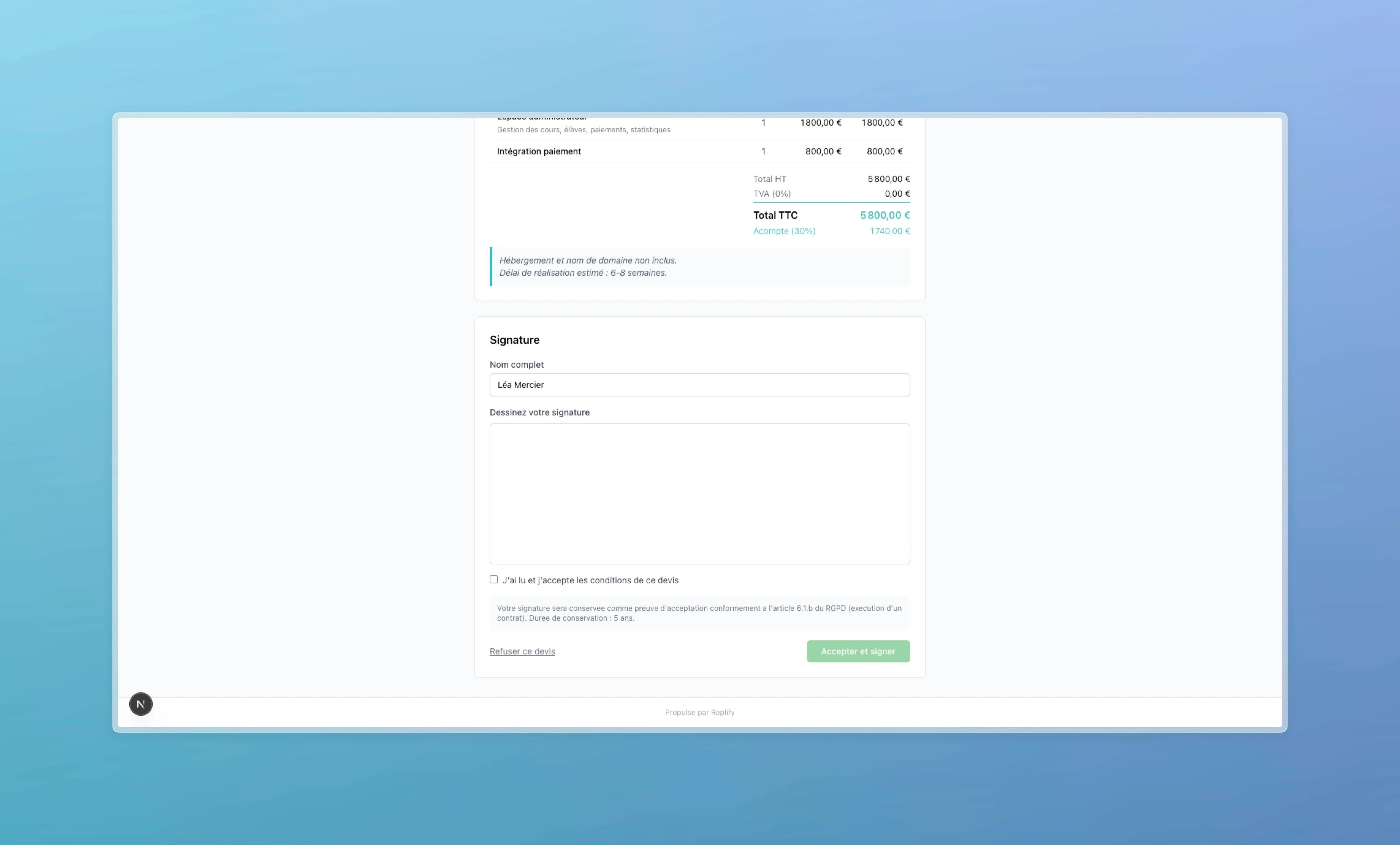 Handwritten signature area with terms acceptance checkbox and GDPR notice about evidence retention