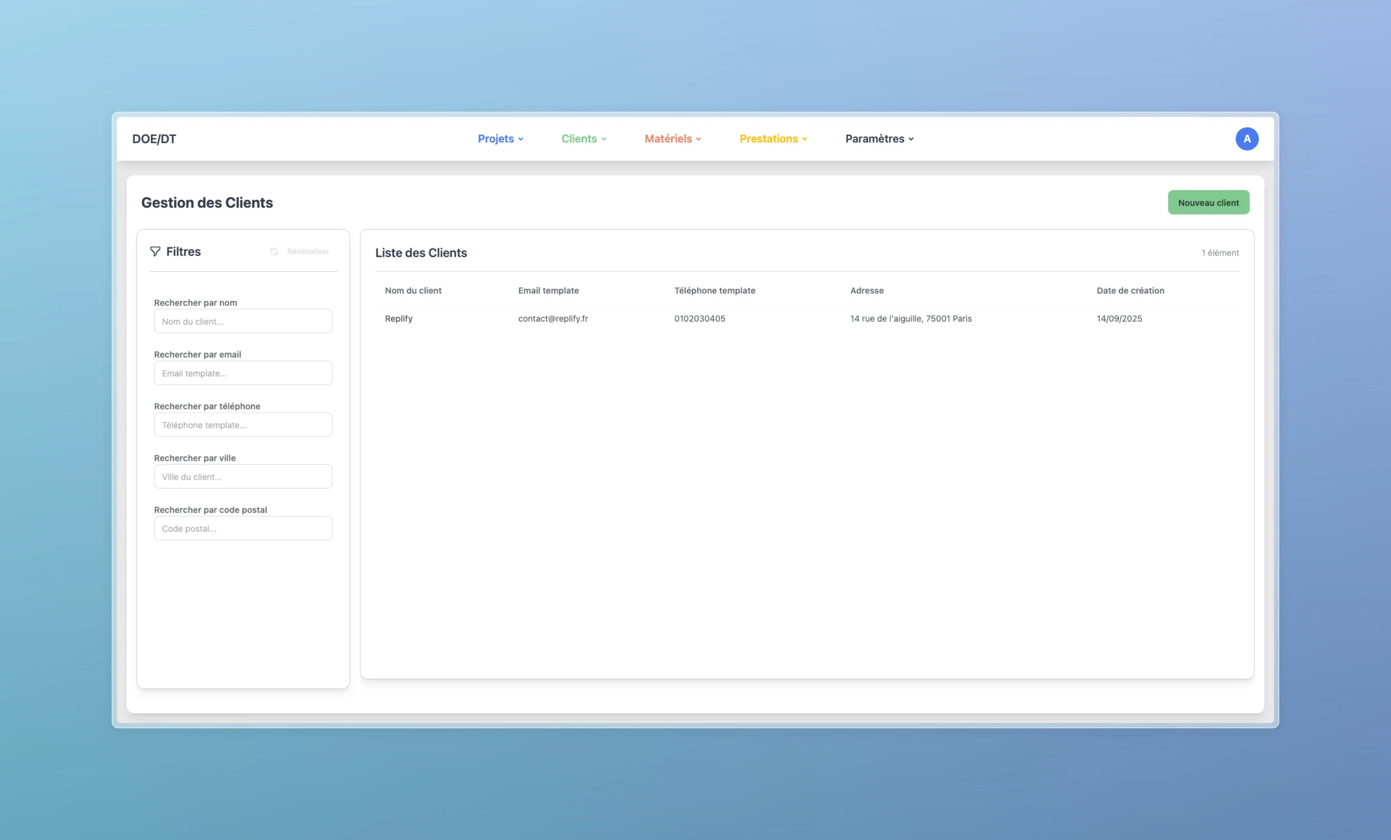 Page d'accueil pour la gestion des clients