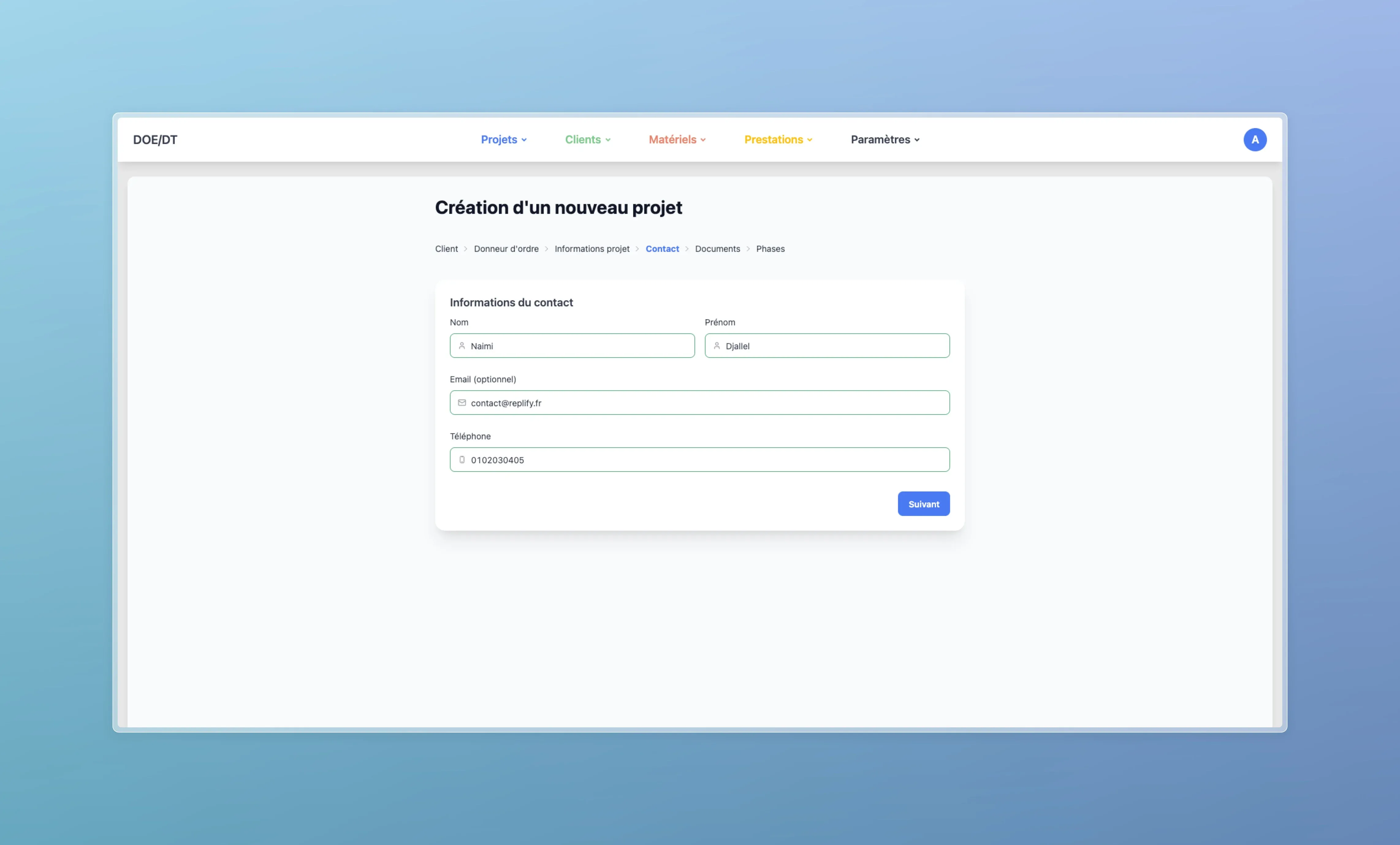Formulaire de création d'un nouveau contact