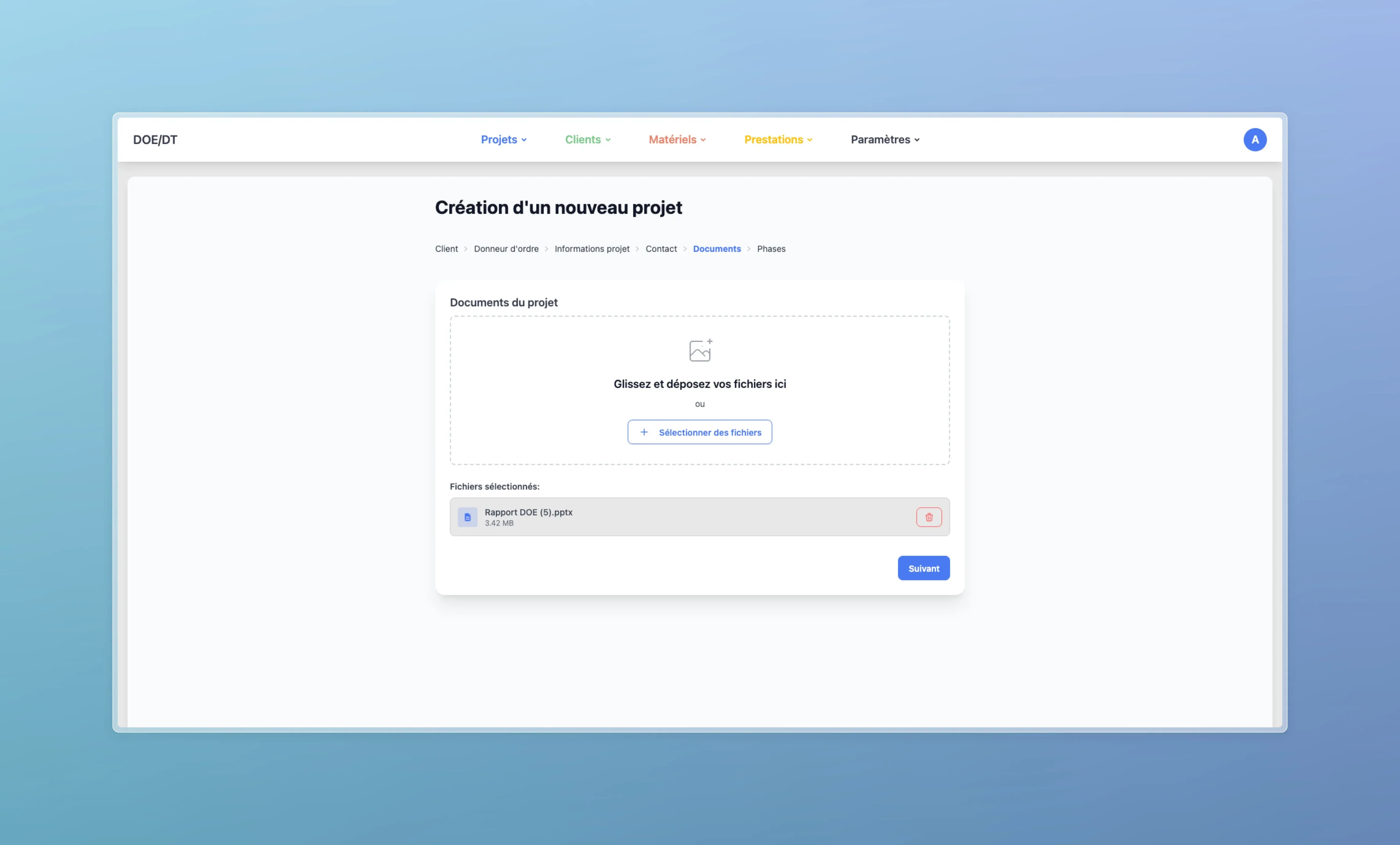 Interface de création et upload de documents