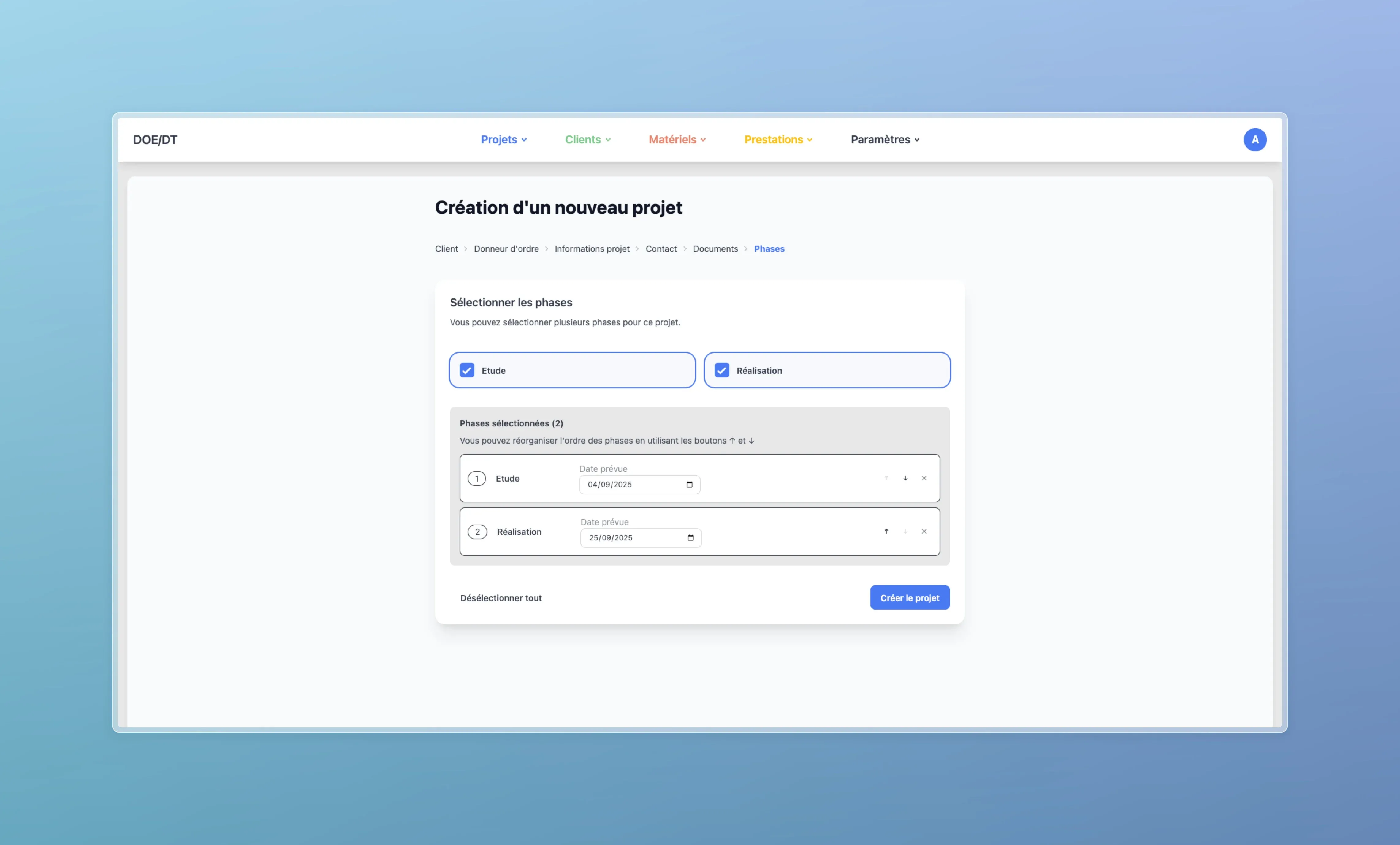 Interface de définition des phases de projet
