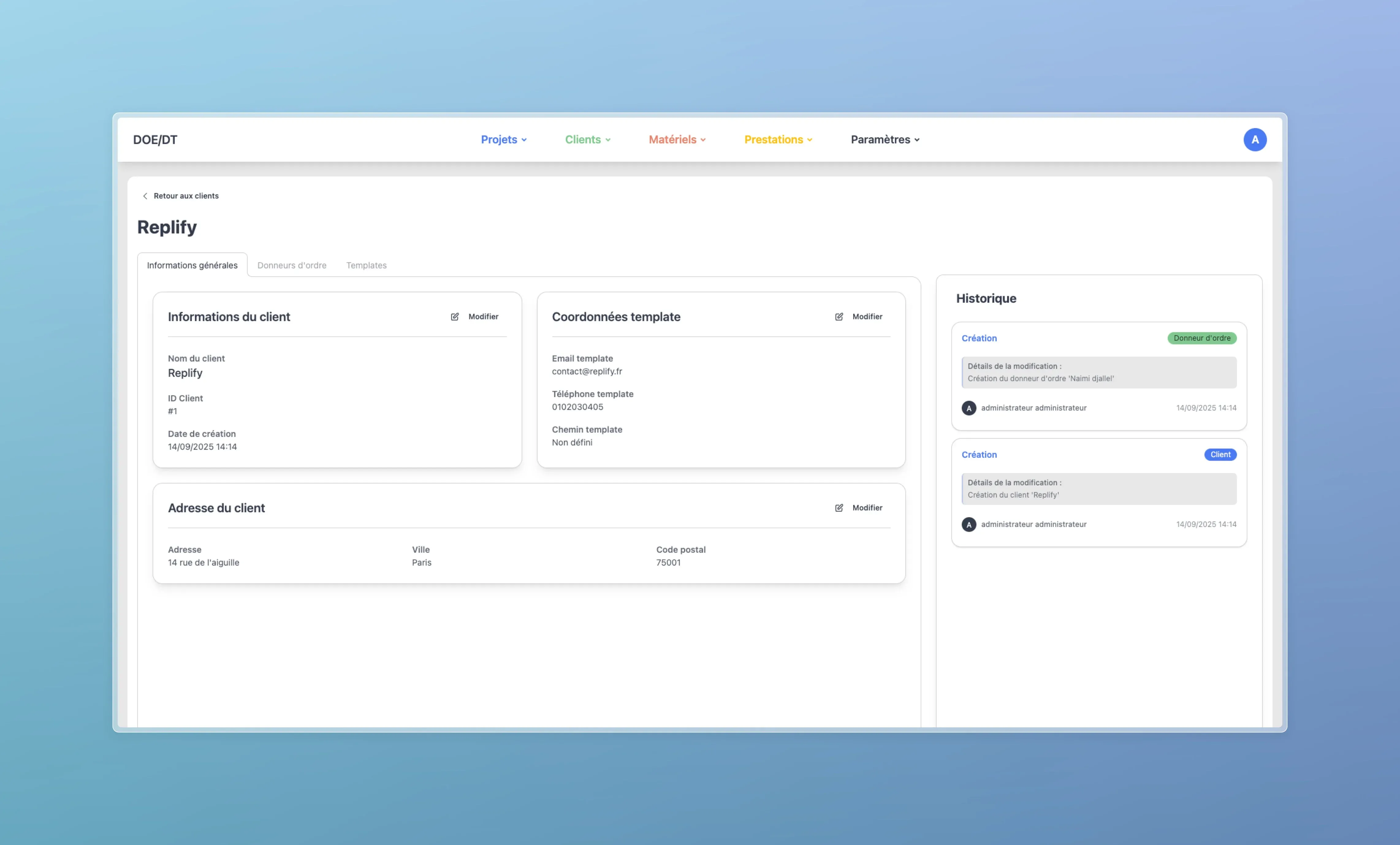 Vue détaillée des informations générales du client