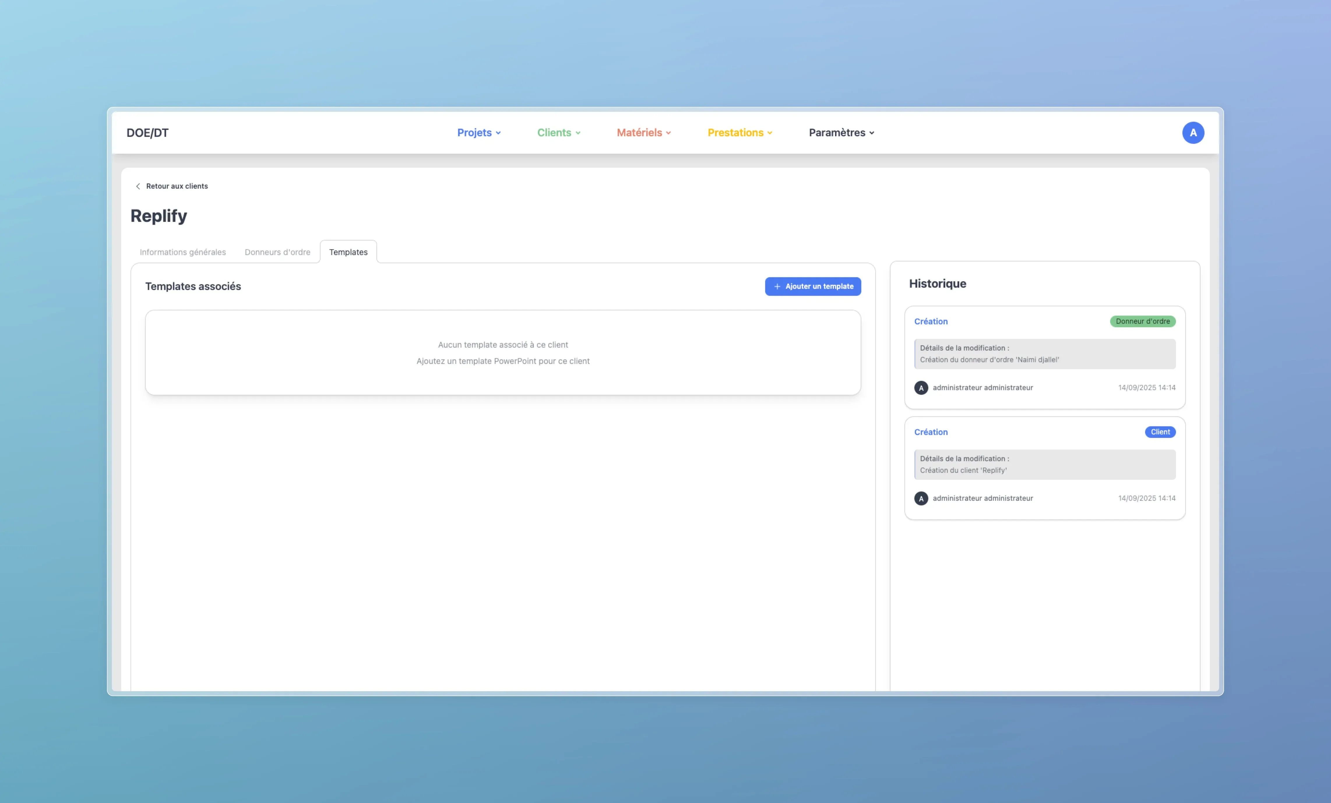 Vue des modèles de documents associés au client