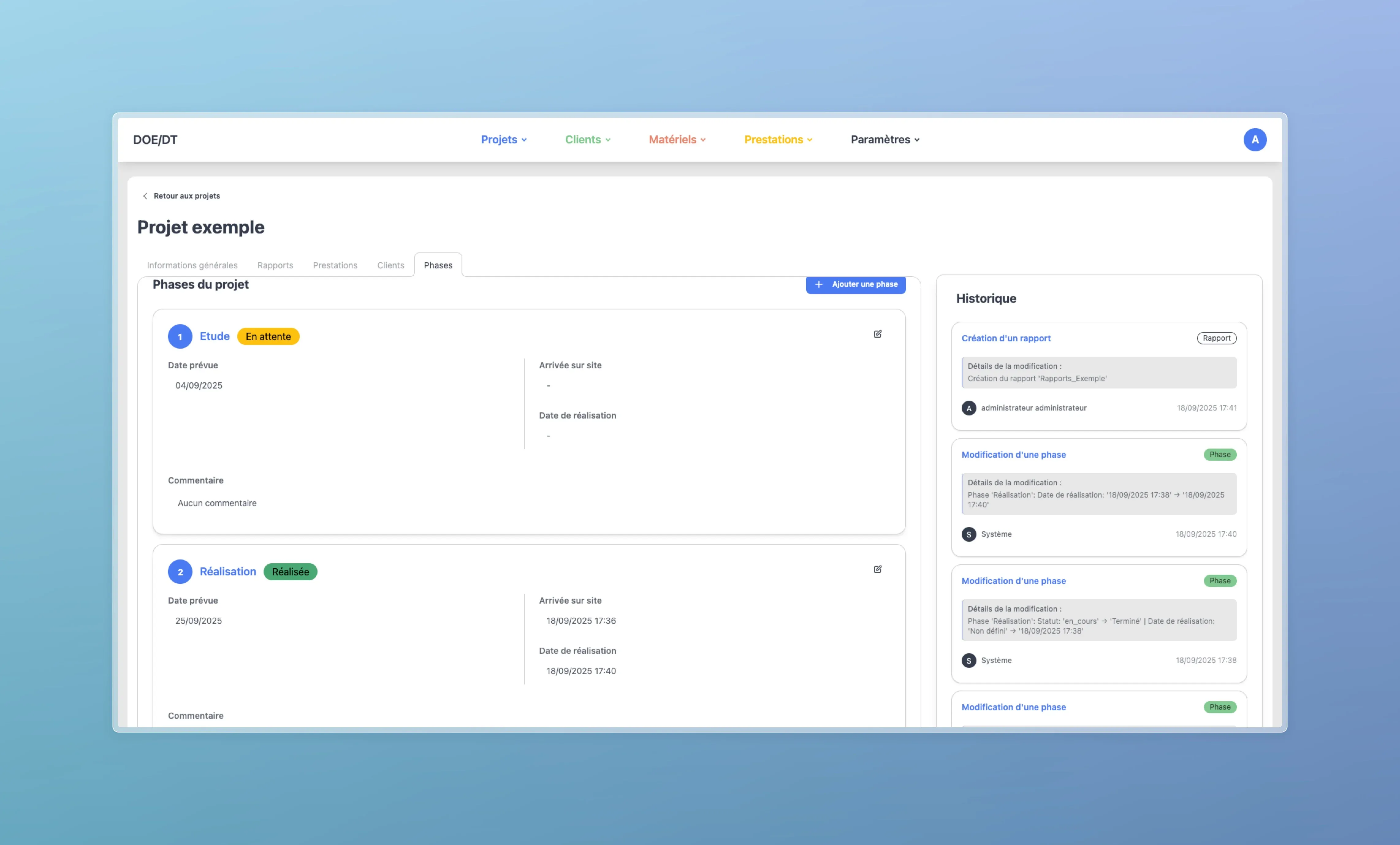 Interface de gestion des phases avec données