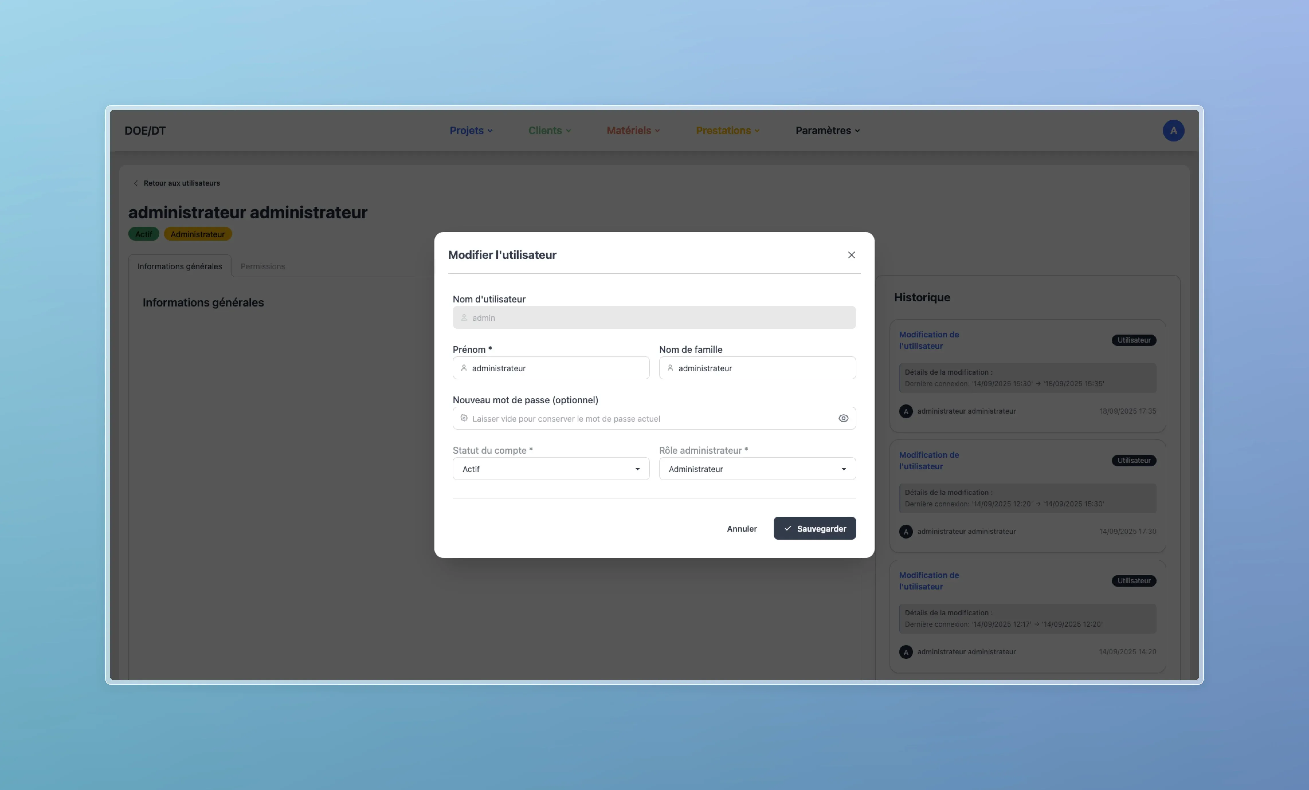 Formulaire de modification des informations utilisateur