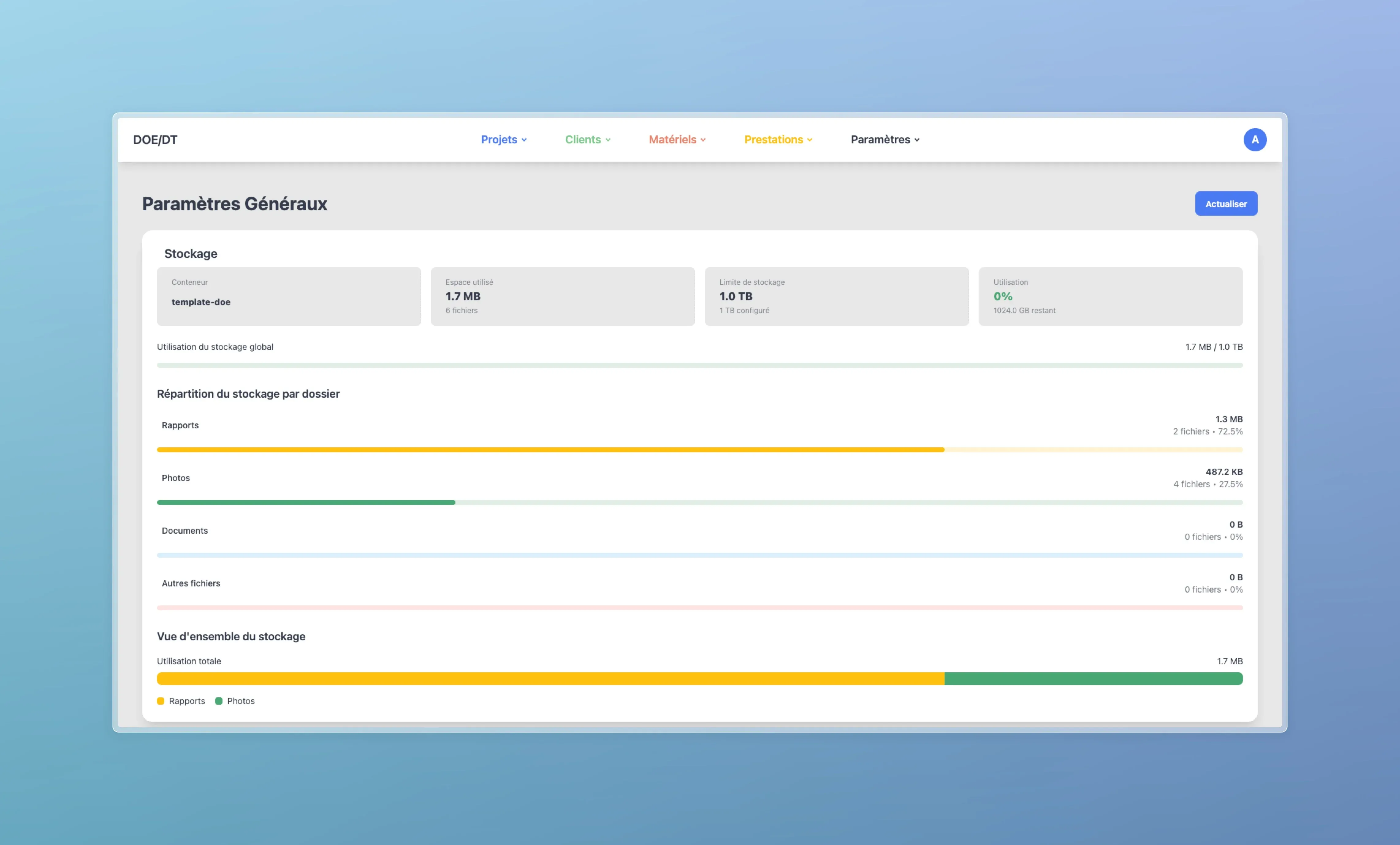 Interface de configuration du stockage