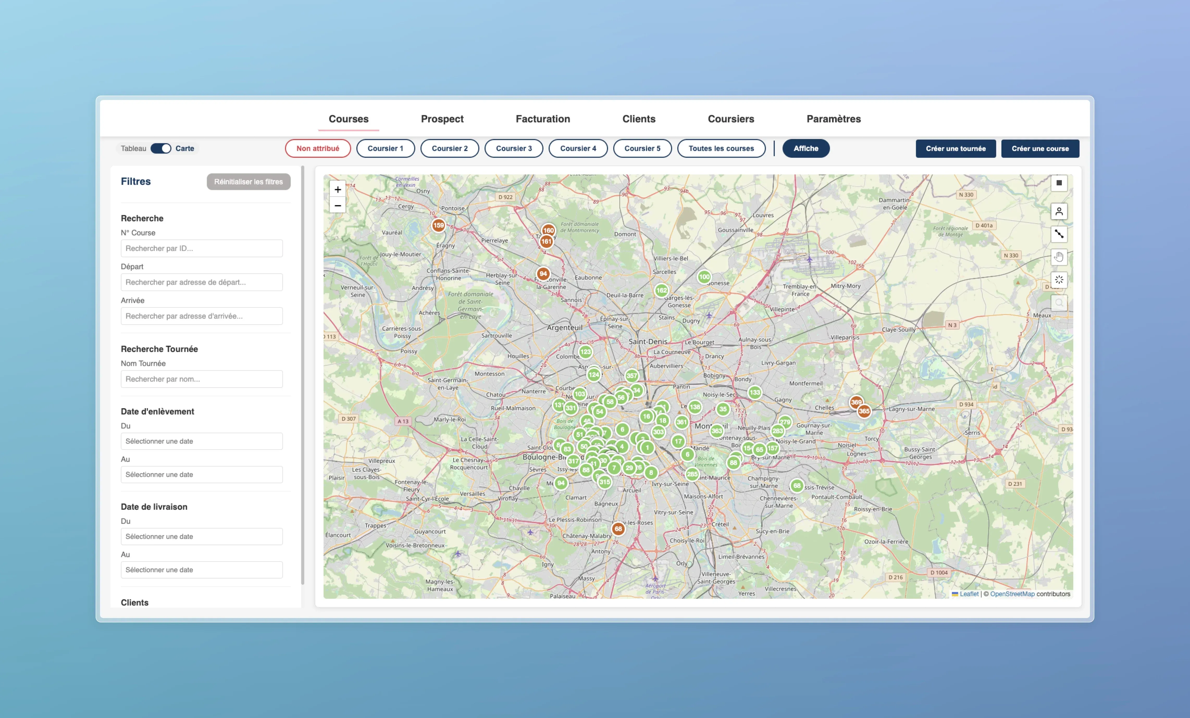 Vue d'accueil des courses avec carte interactive