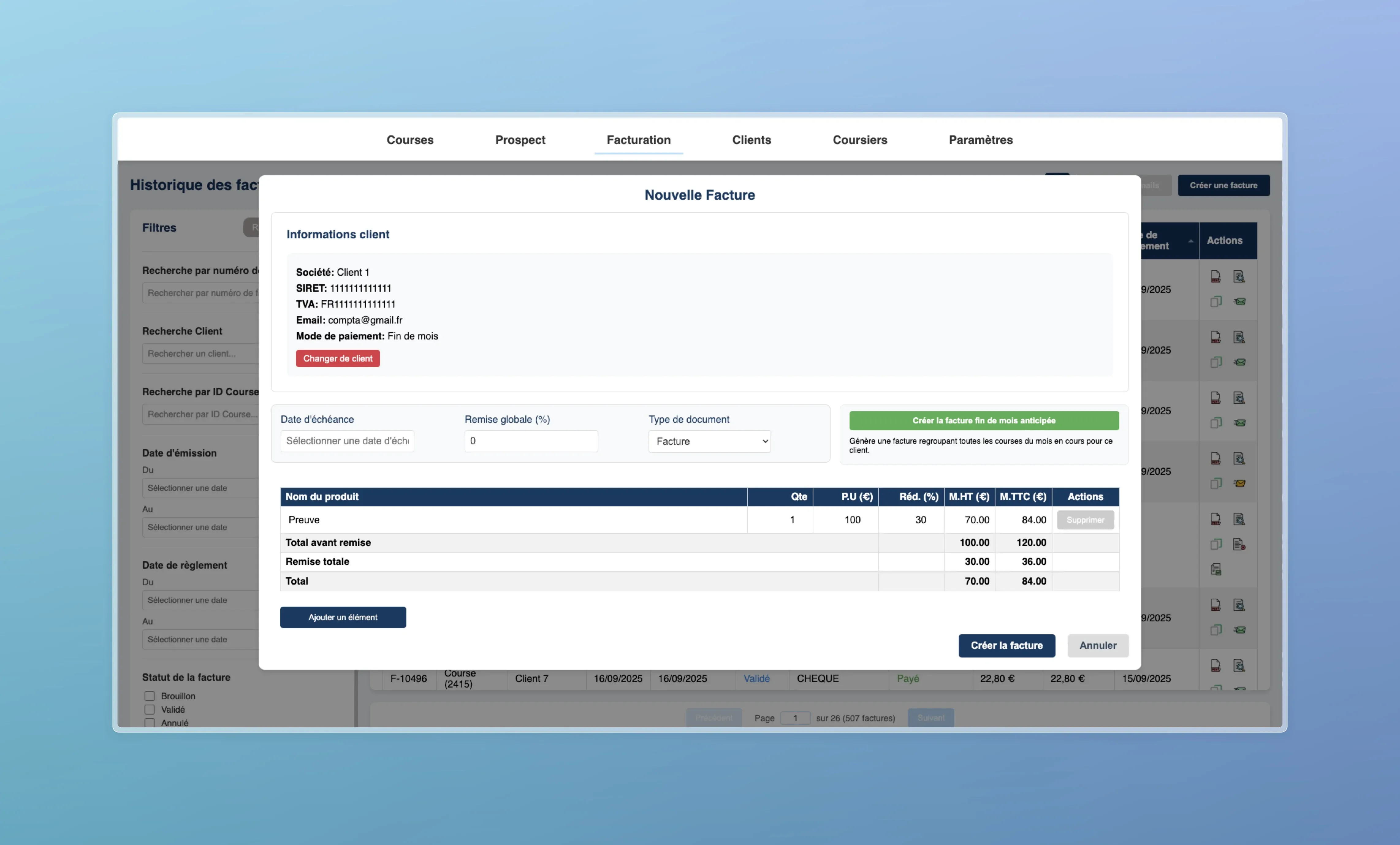 Module de gestion des factures fin de mois
