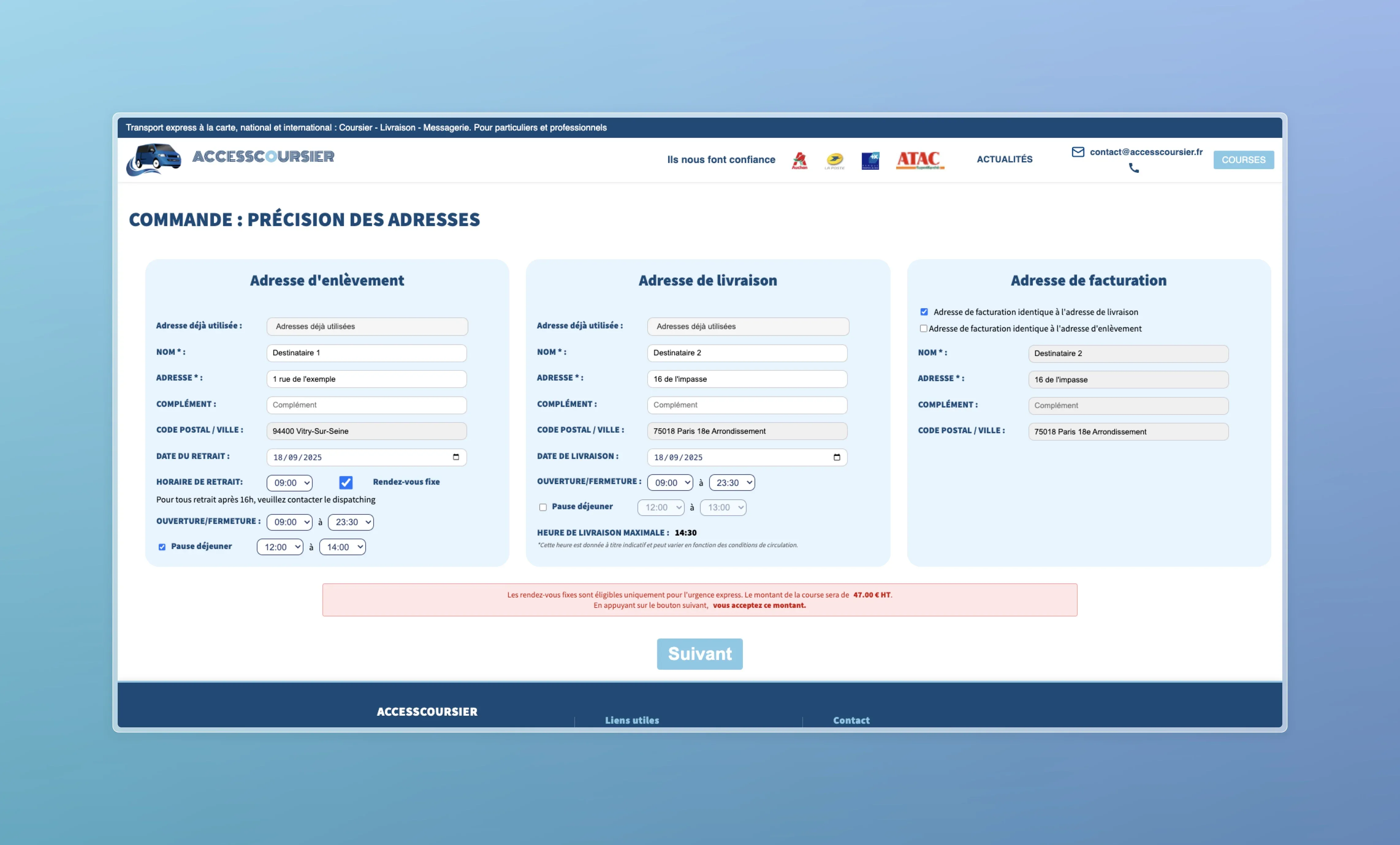 Site web intégré pour la prise de commande en ligne
