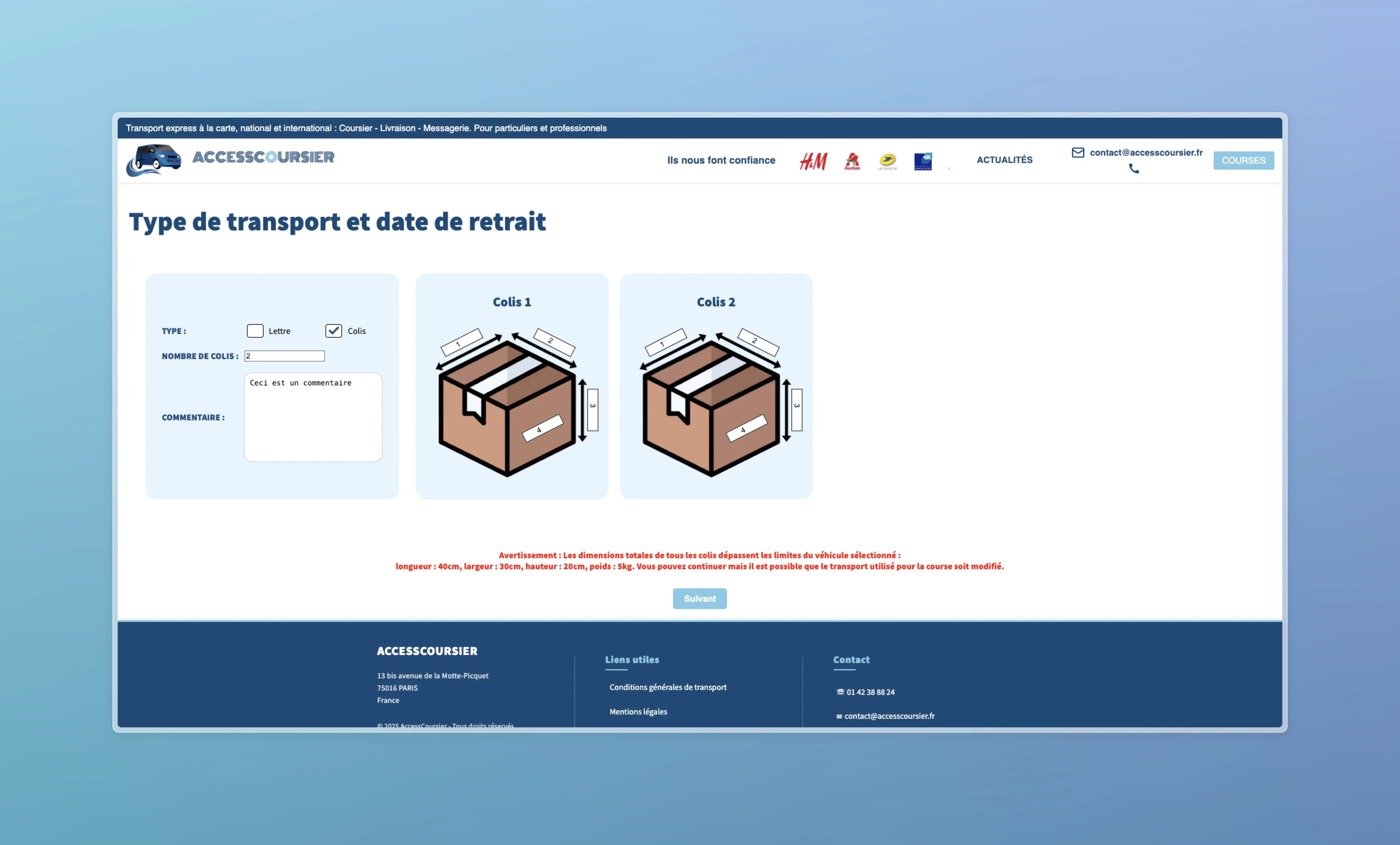 Site web intégré pour la prise de commande en ligne