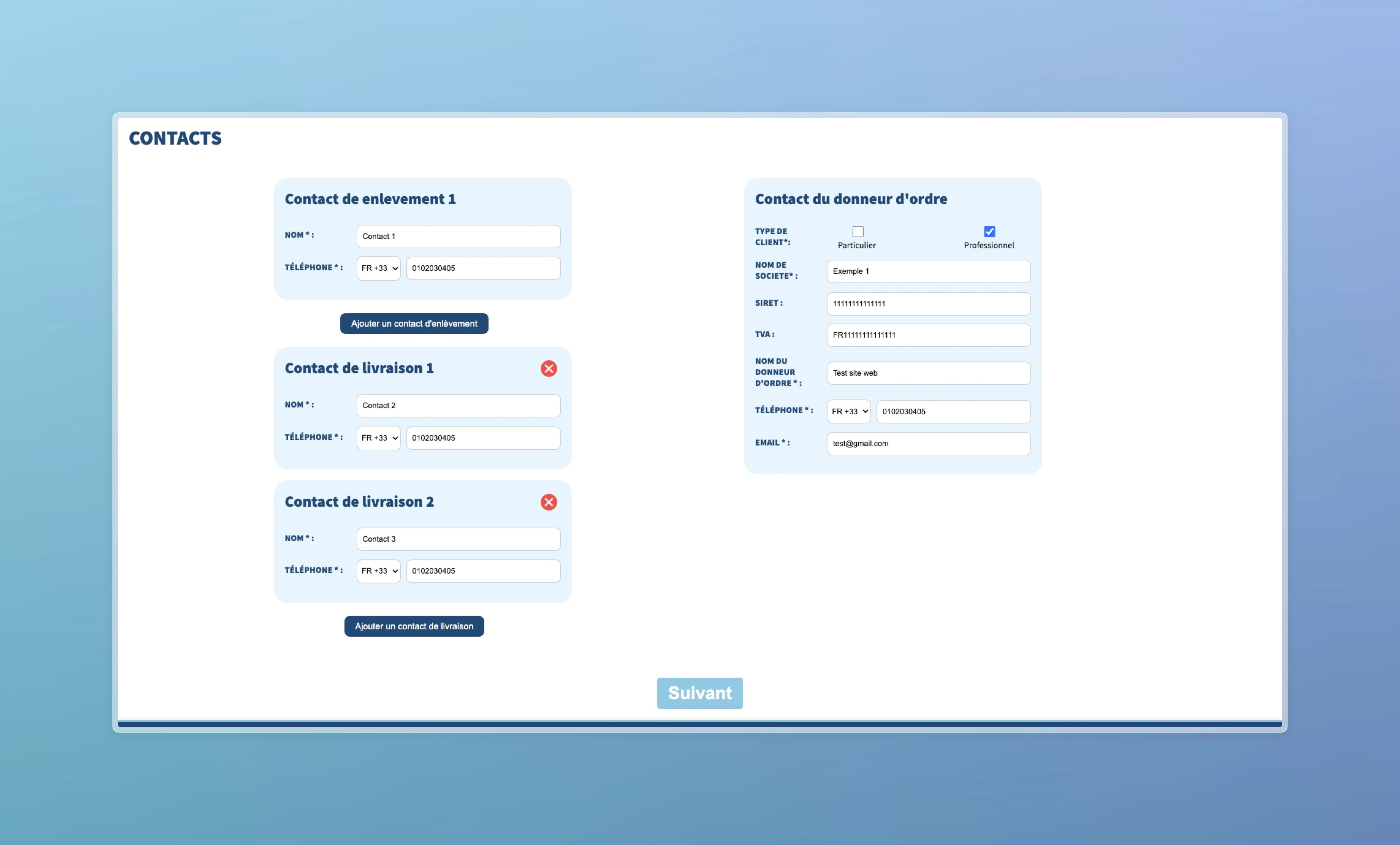 Site web intégré pour la prise de commande en ligne