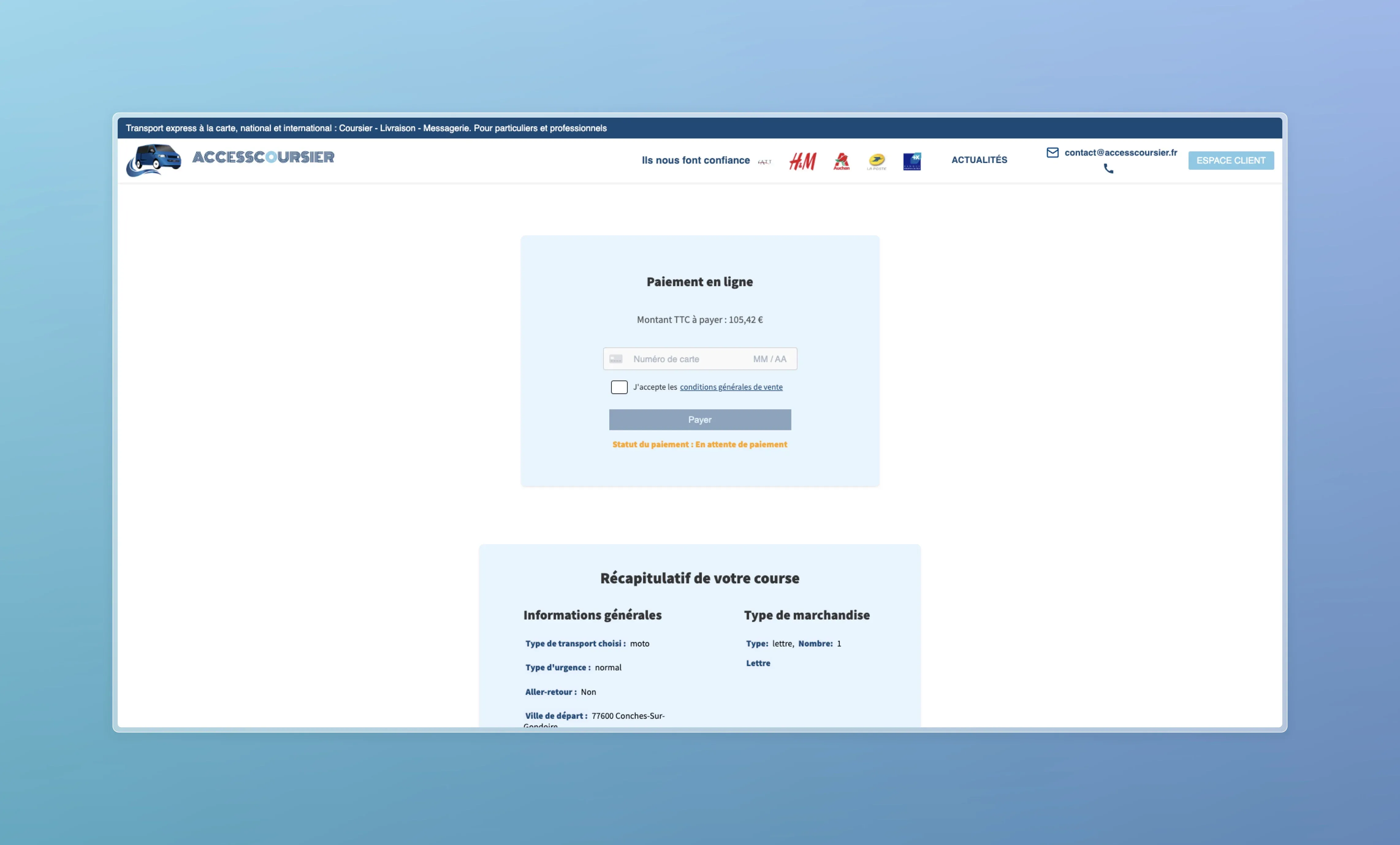 Site web intégré pour la prise de commande en ligne