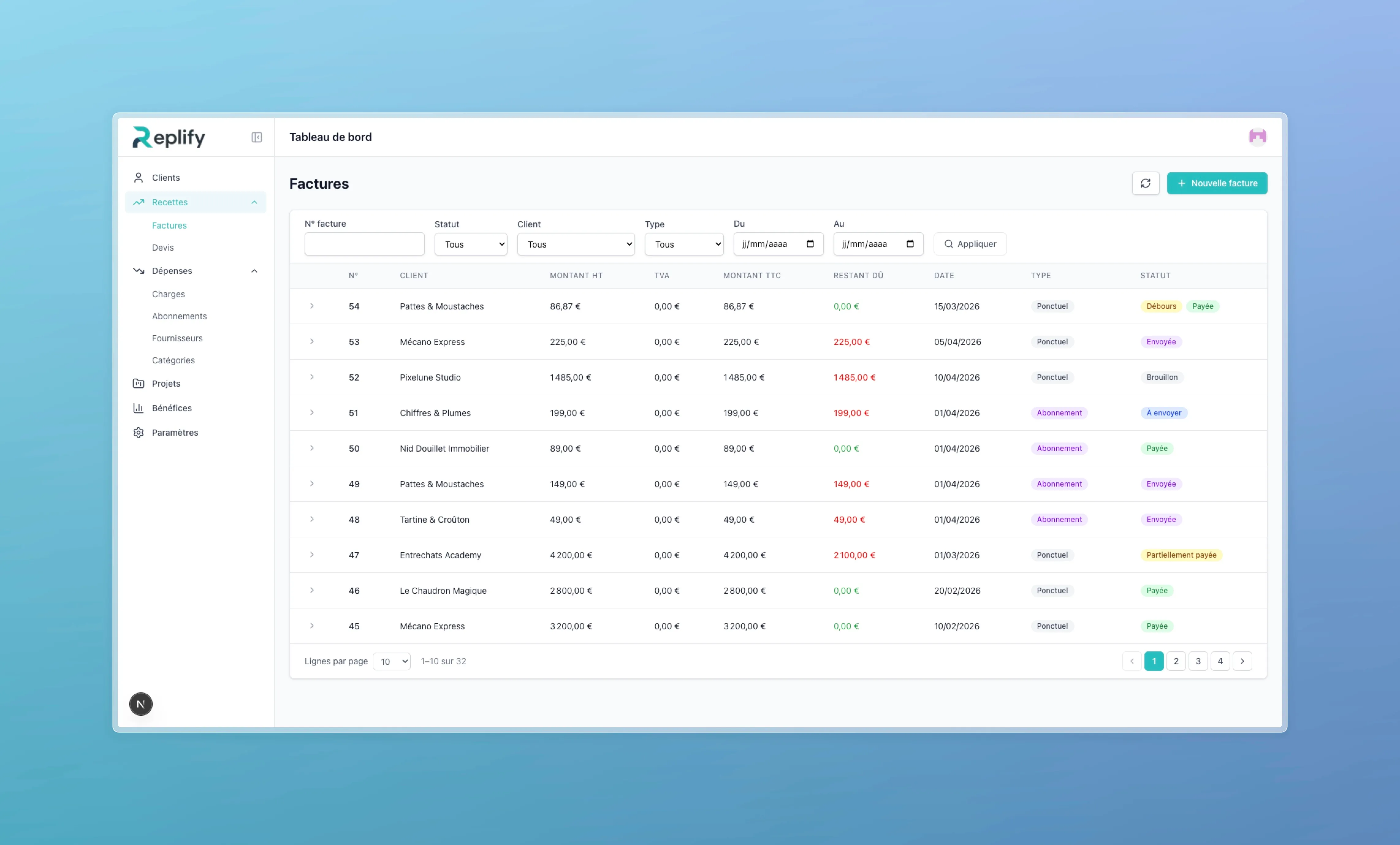 Invoice table with number, client, amounts, outstanding balance, type (one-off or subscription), and payment status