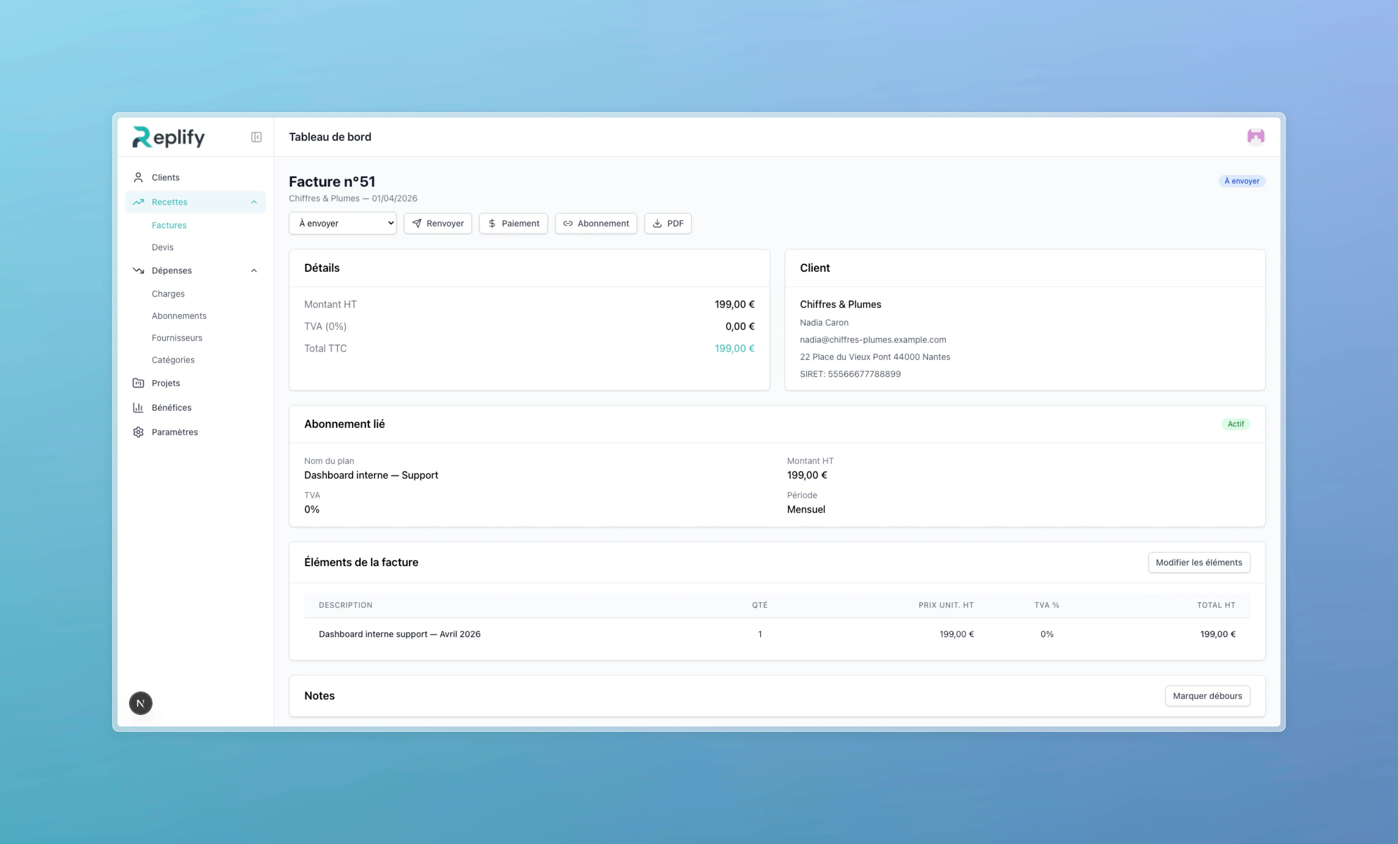Detailed view of an invoice linked to an active subscription, with amounts, client info, and line items
