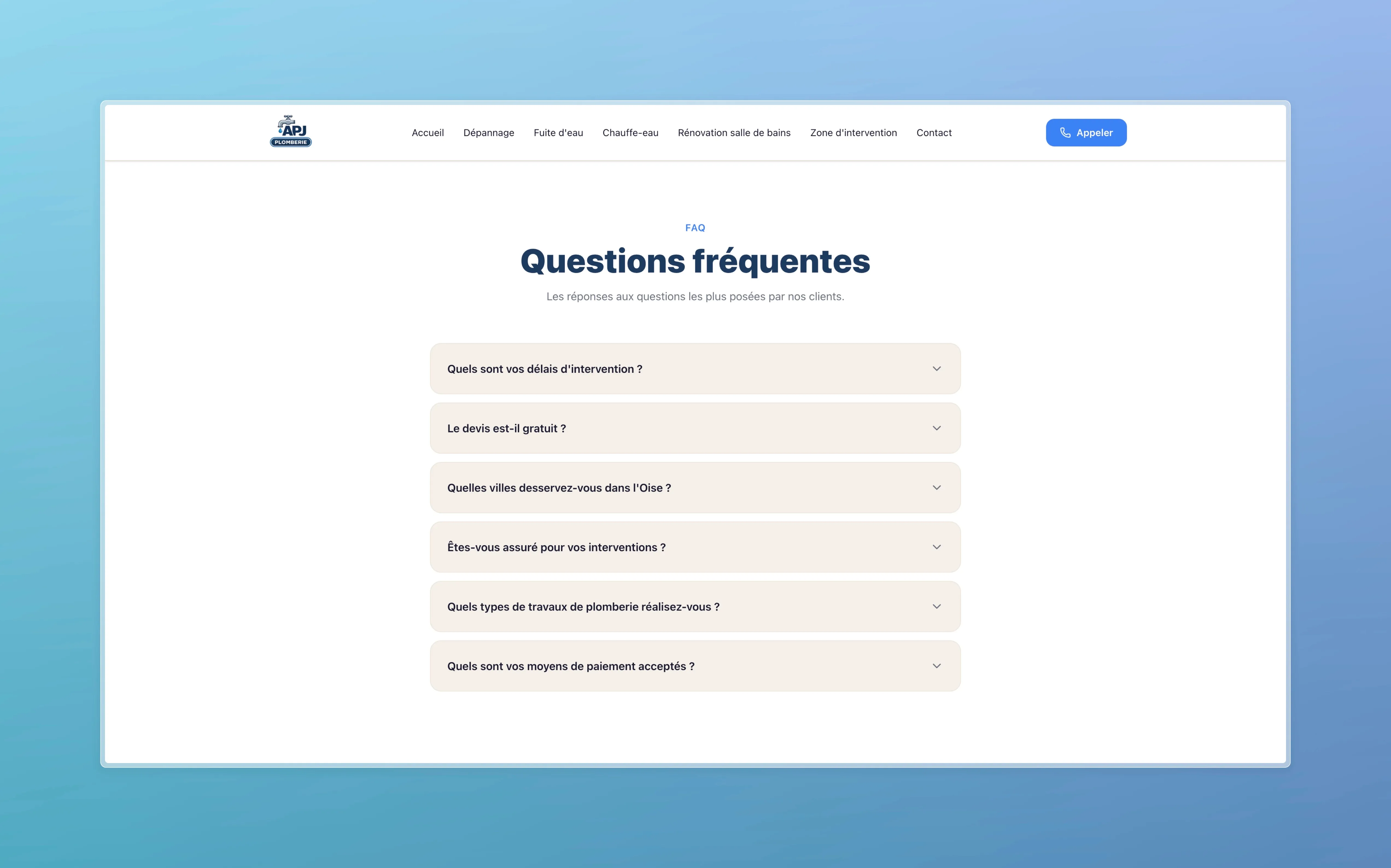 "Frequently asked questions" section with six collapsible questions about response times, quotes, coverage and insurance