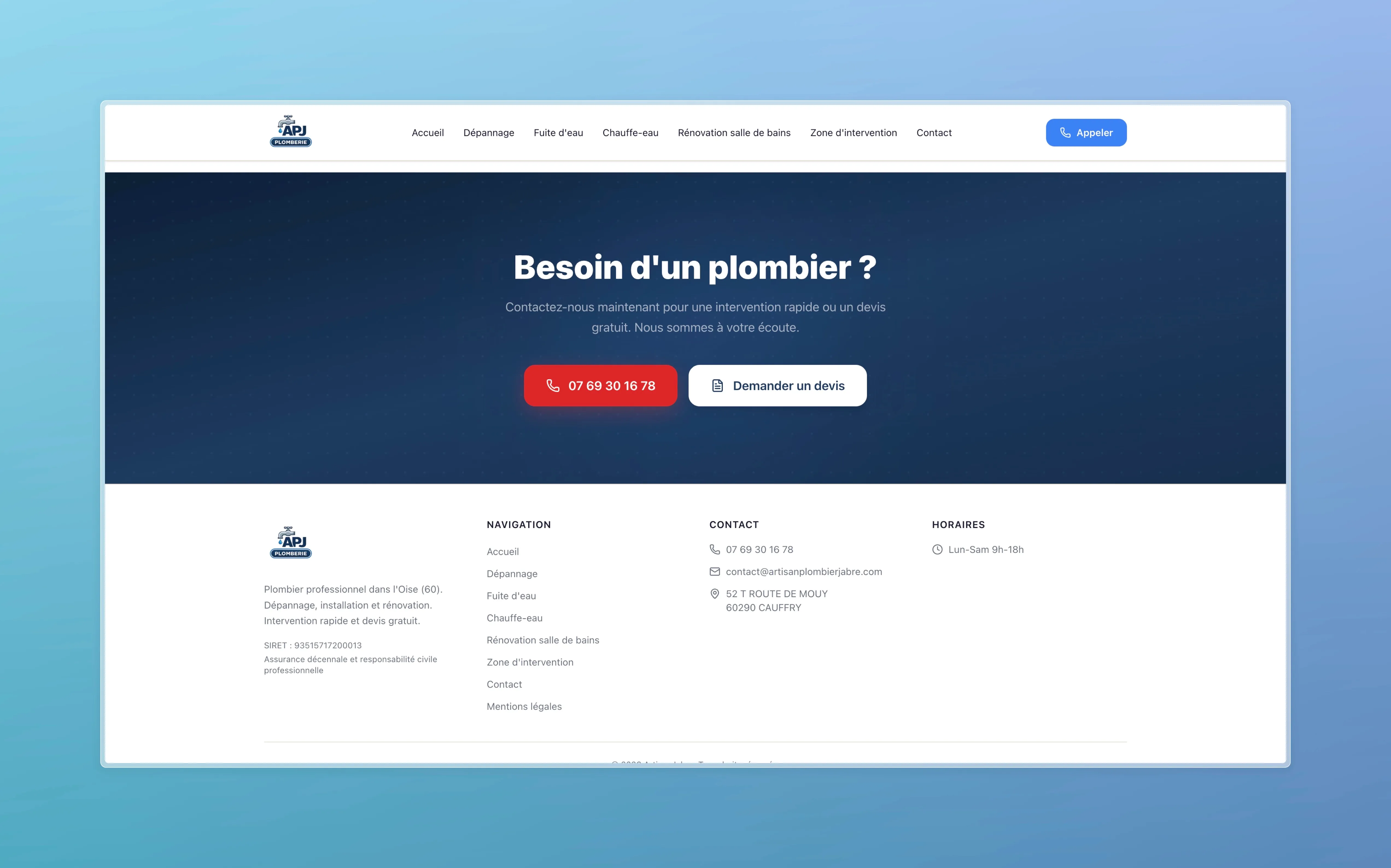 "Need a plumber?" banner with a red call button and a white quote button, followed by the site footer