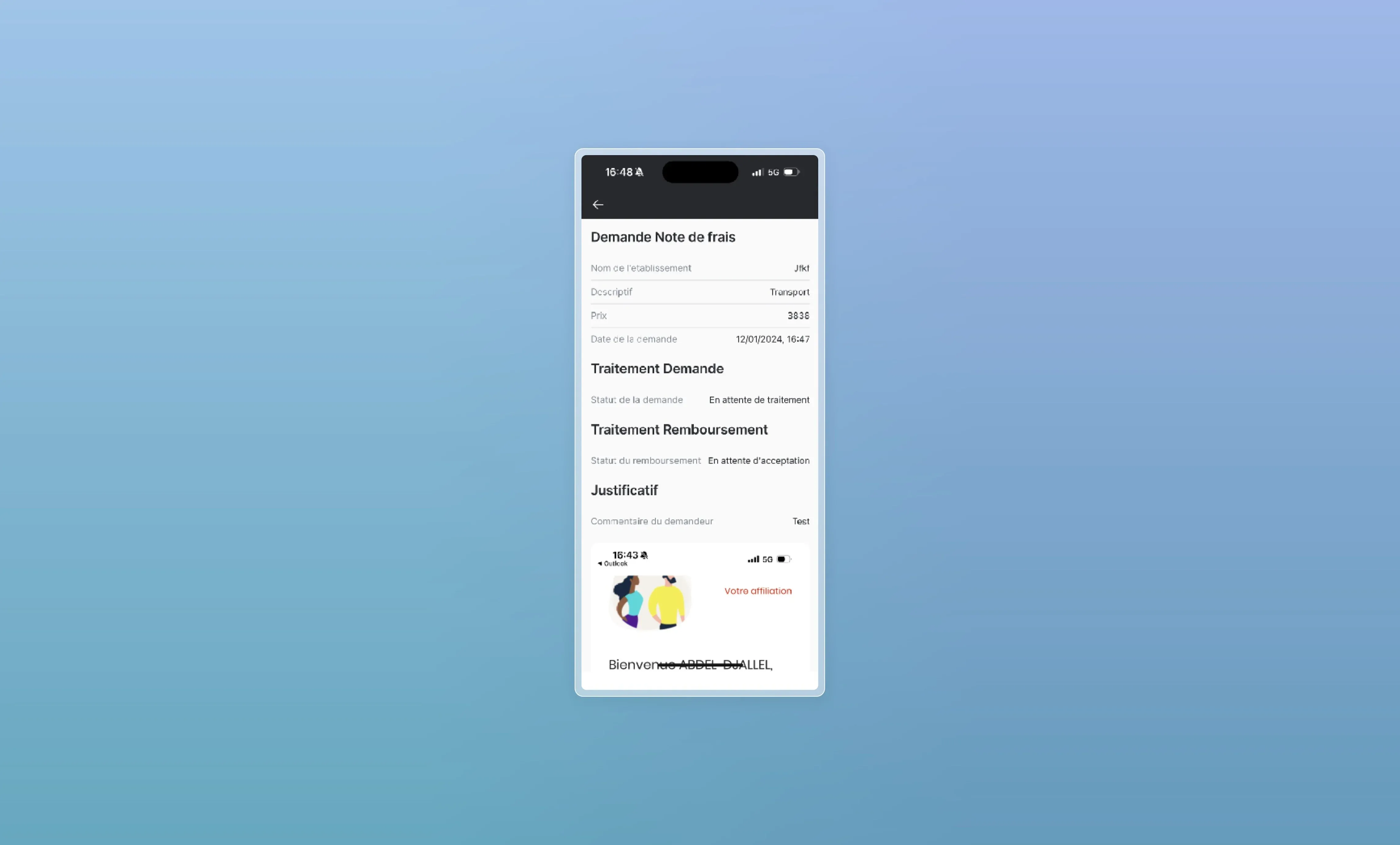 Vue détaillée d'une note de frais avec workflow de traitement