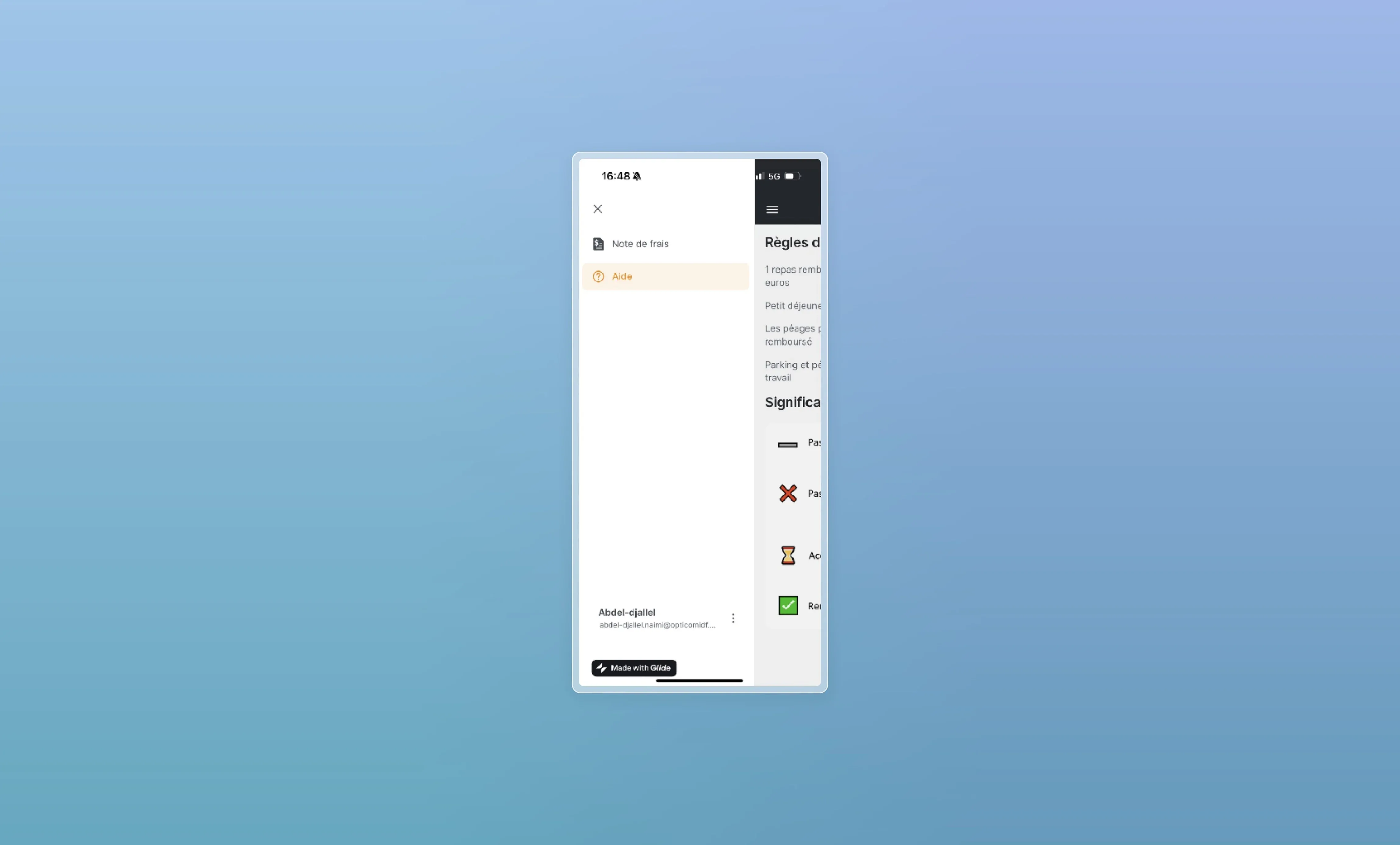 Menu principal de l'application avec options de navigation