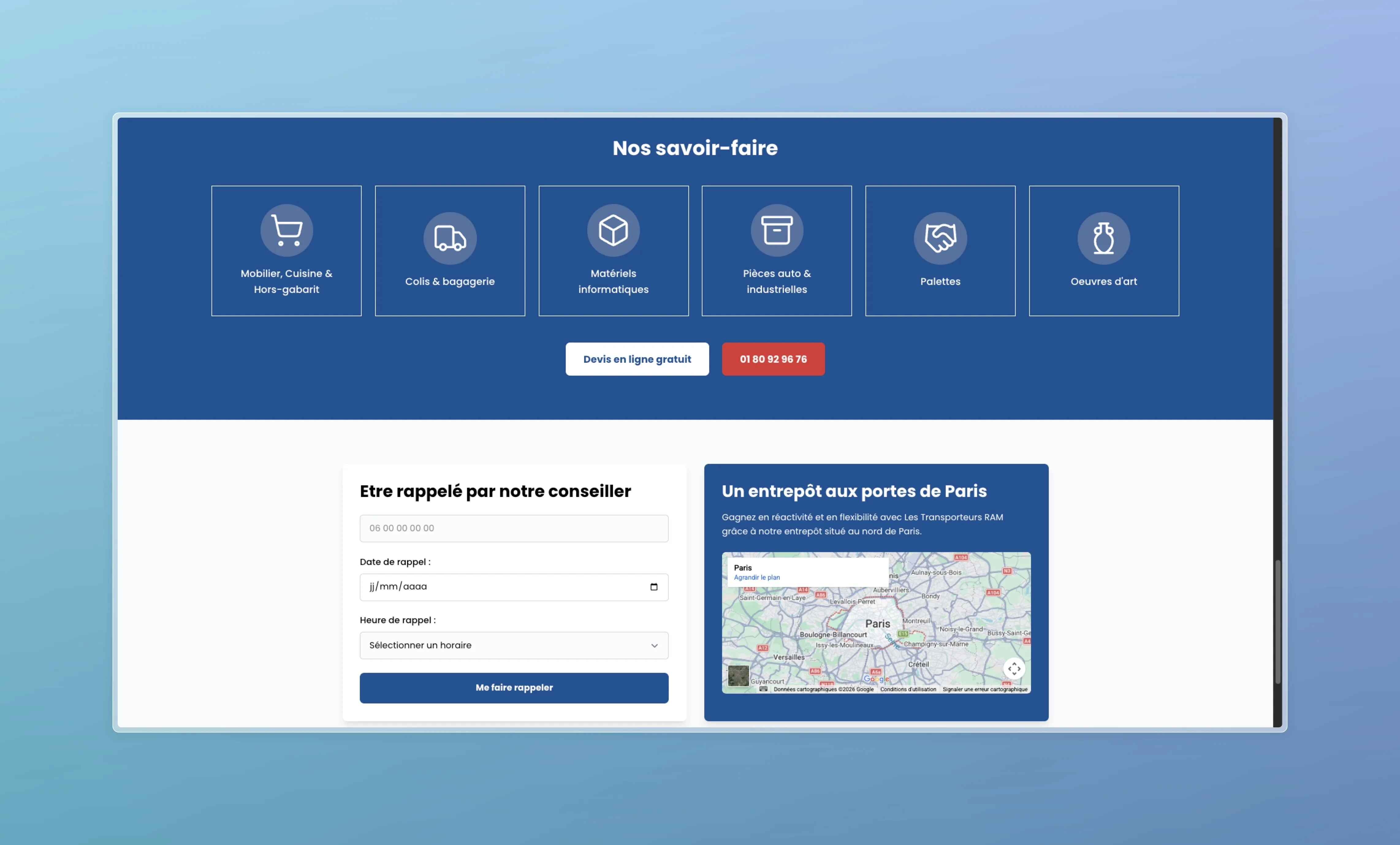 Section présentant les services logistiques : transport, réception, stockage et livraison, avec indicateurs clés.