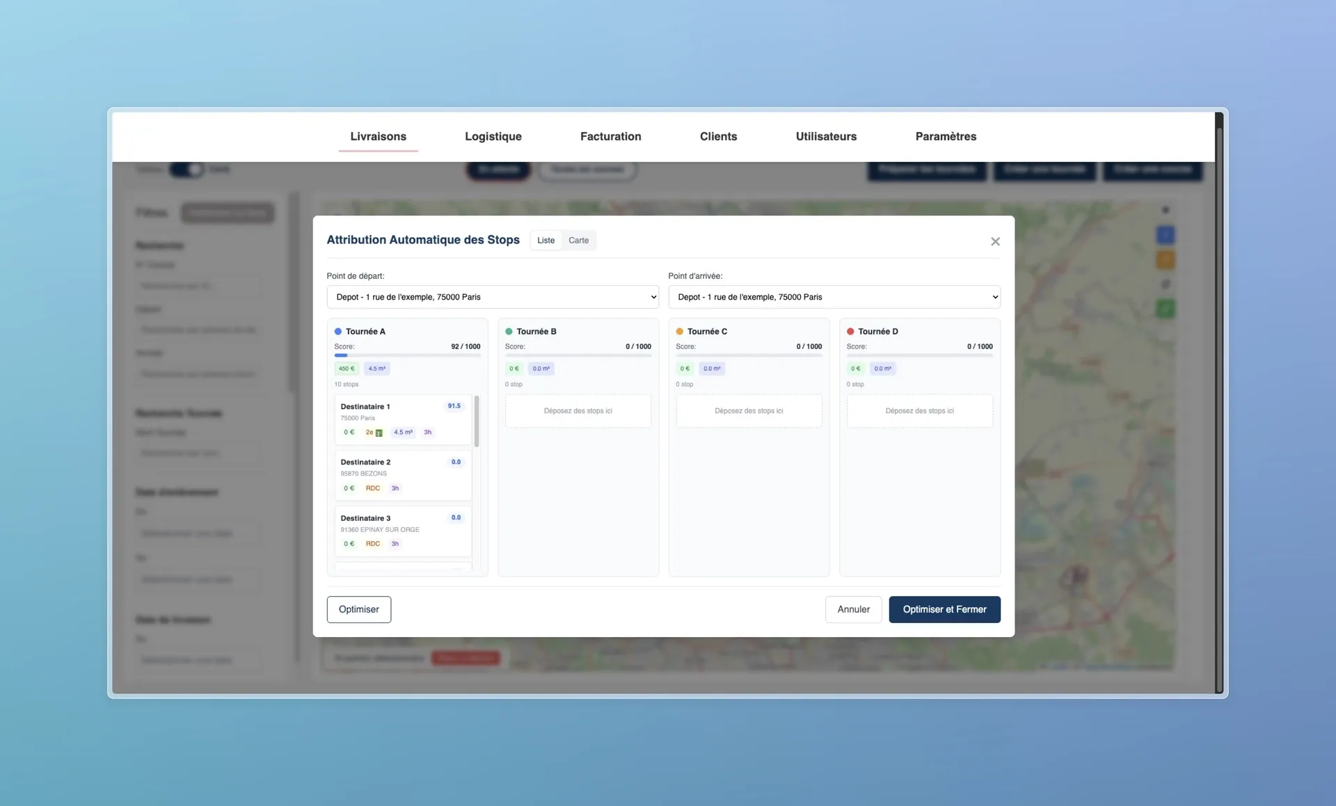 Fenêtre d’attribution automatique des stops avec tournées et indicateurs (score, distance/temps) pour optimiser la planification.