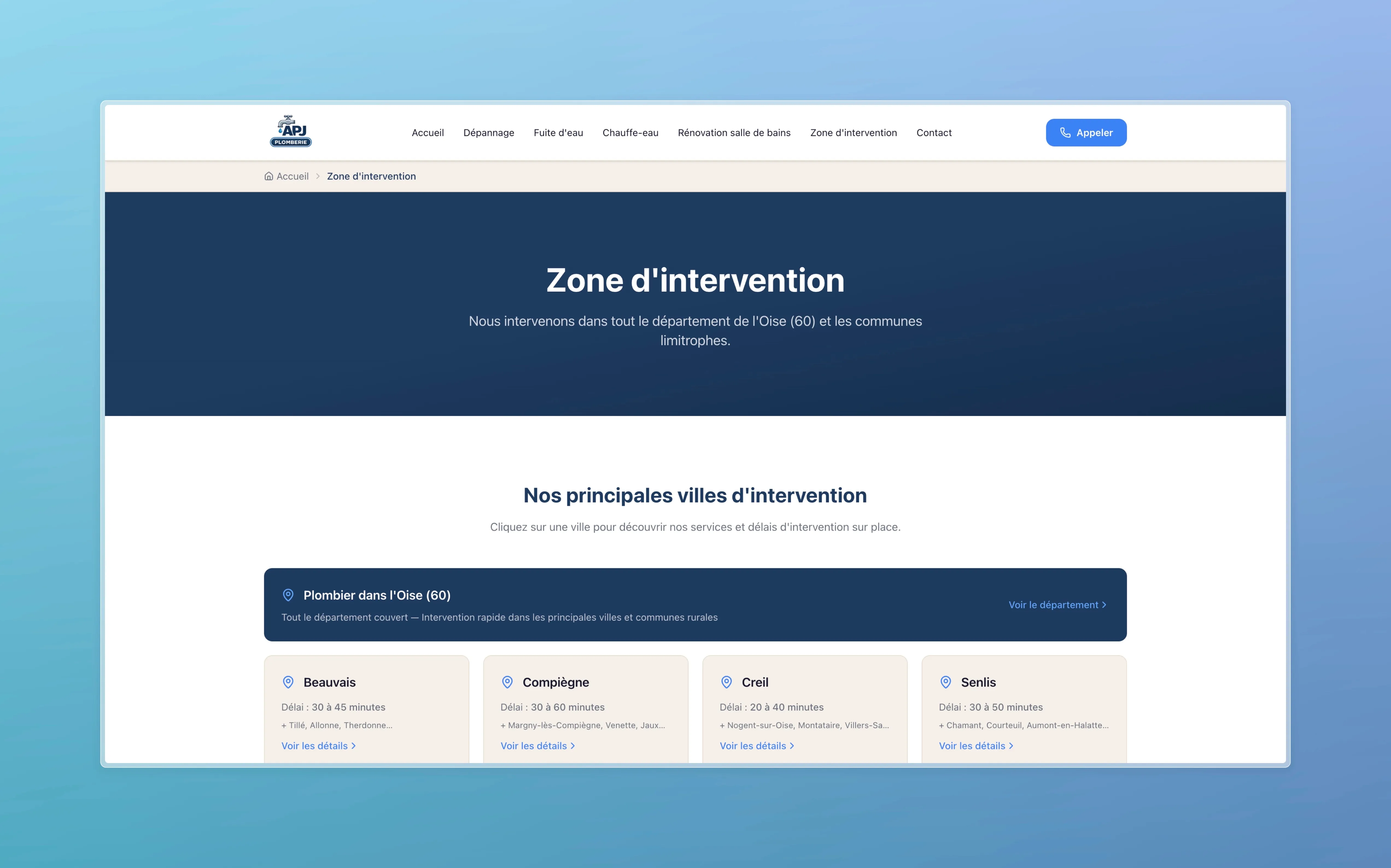 "Coverage area" page listing Beauvais, Compiègne, Creil and Senlis with their respective response times
