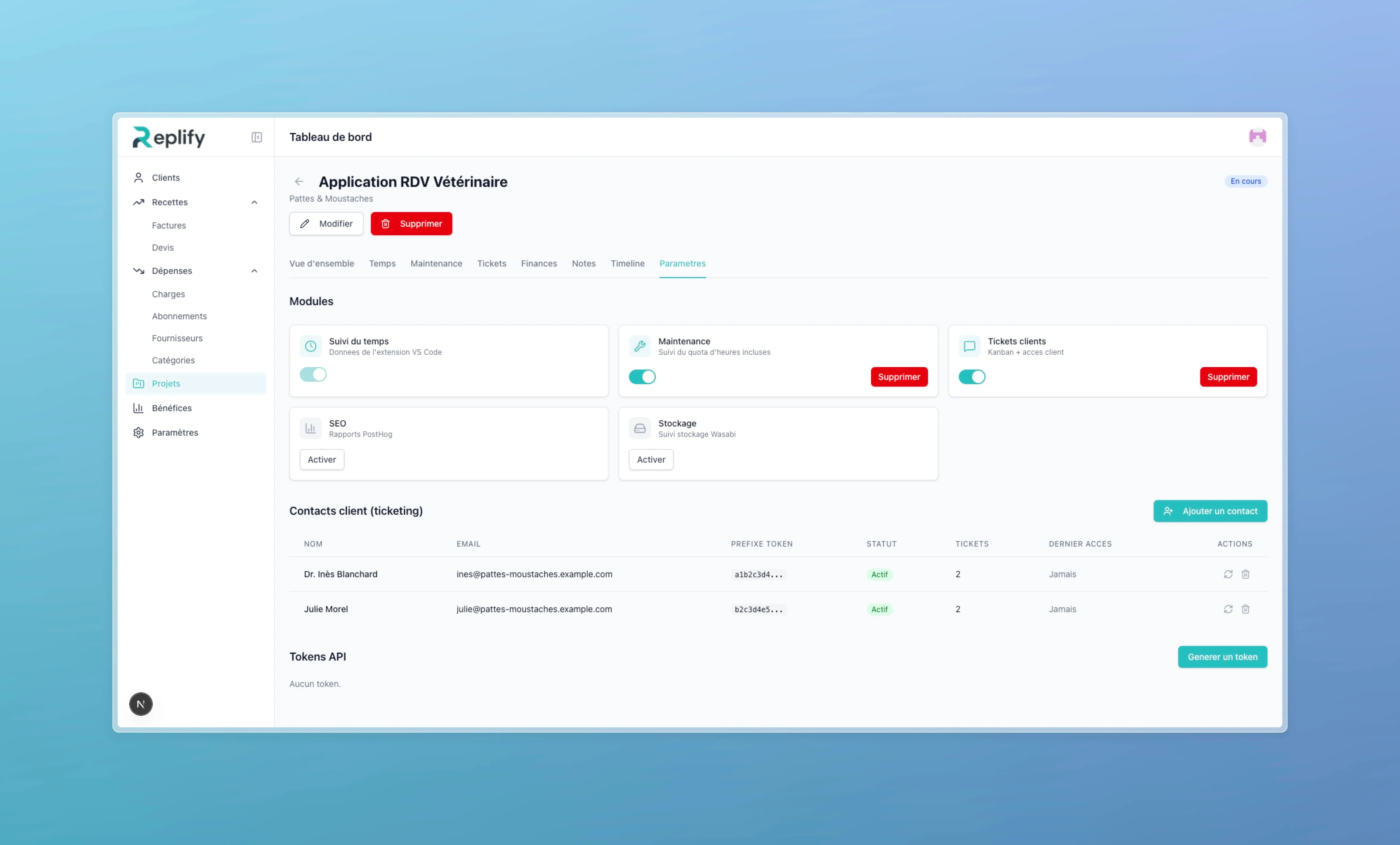 Settings page with module toggles (time tracking, maintenance, ticketing, SEO, storage), client contact management, and API tokens