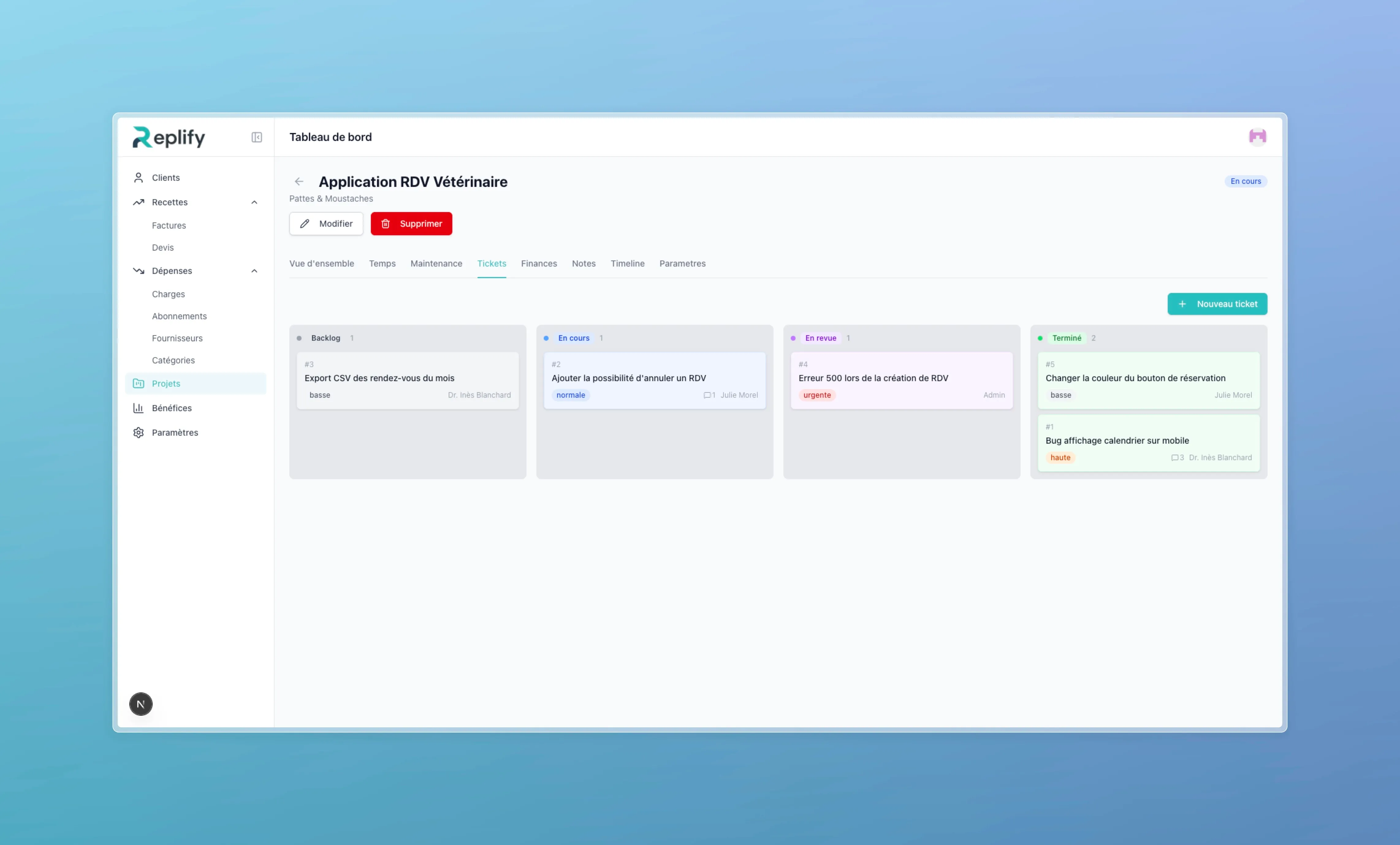 Four-column Kanban board (Backlog, In progress, In review, Done) showing tickets with their priority and assignee