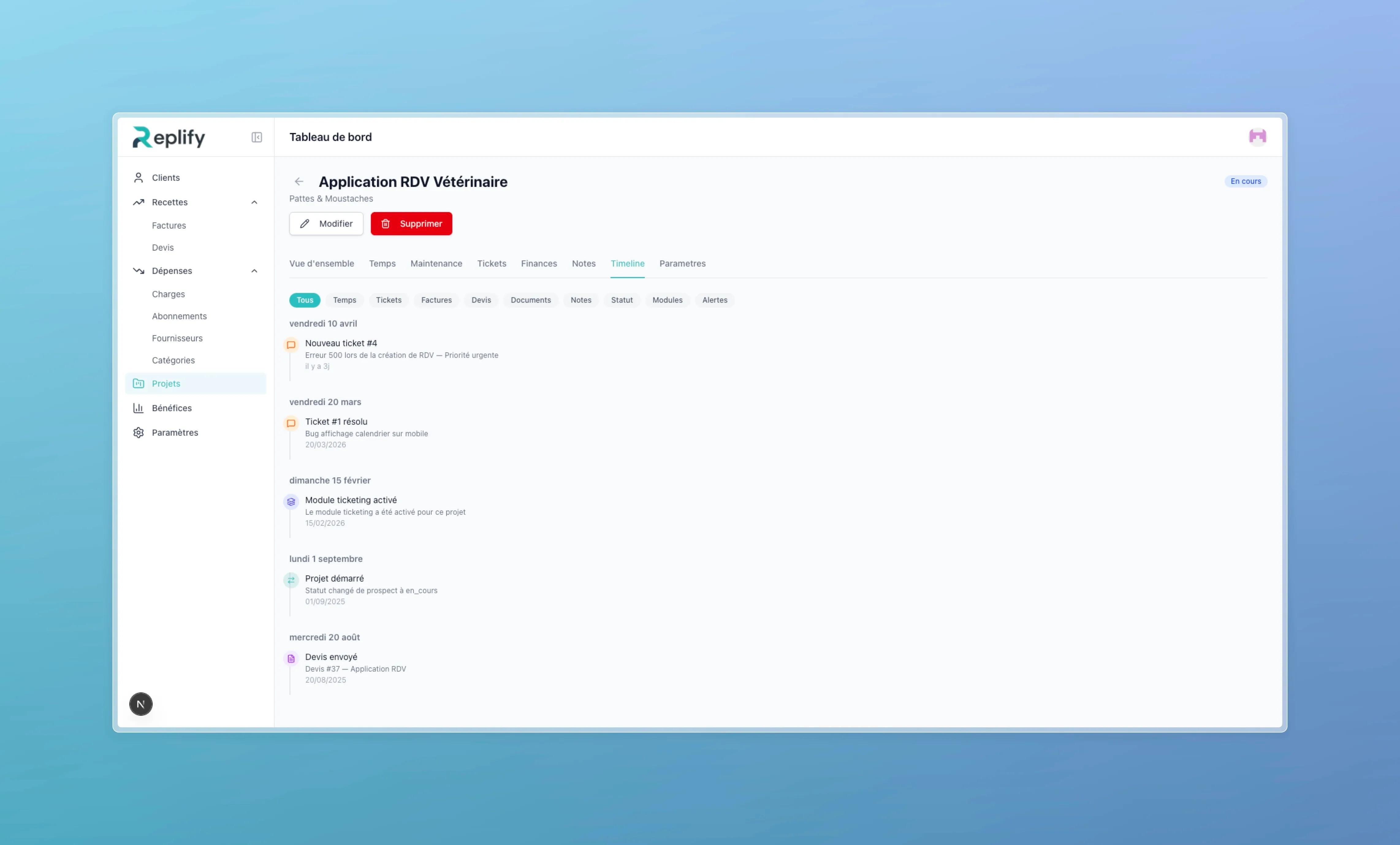 Chronological timeline filterable by type (time, tickets, invoices, quotes, documents, notes, status, modules, alerts) listing all project events