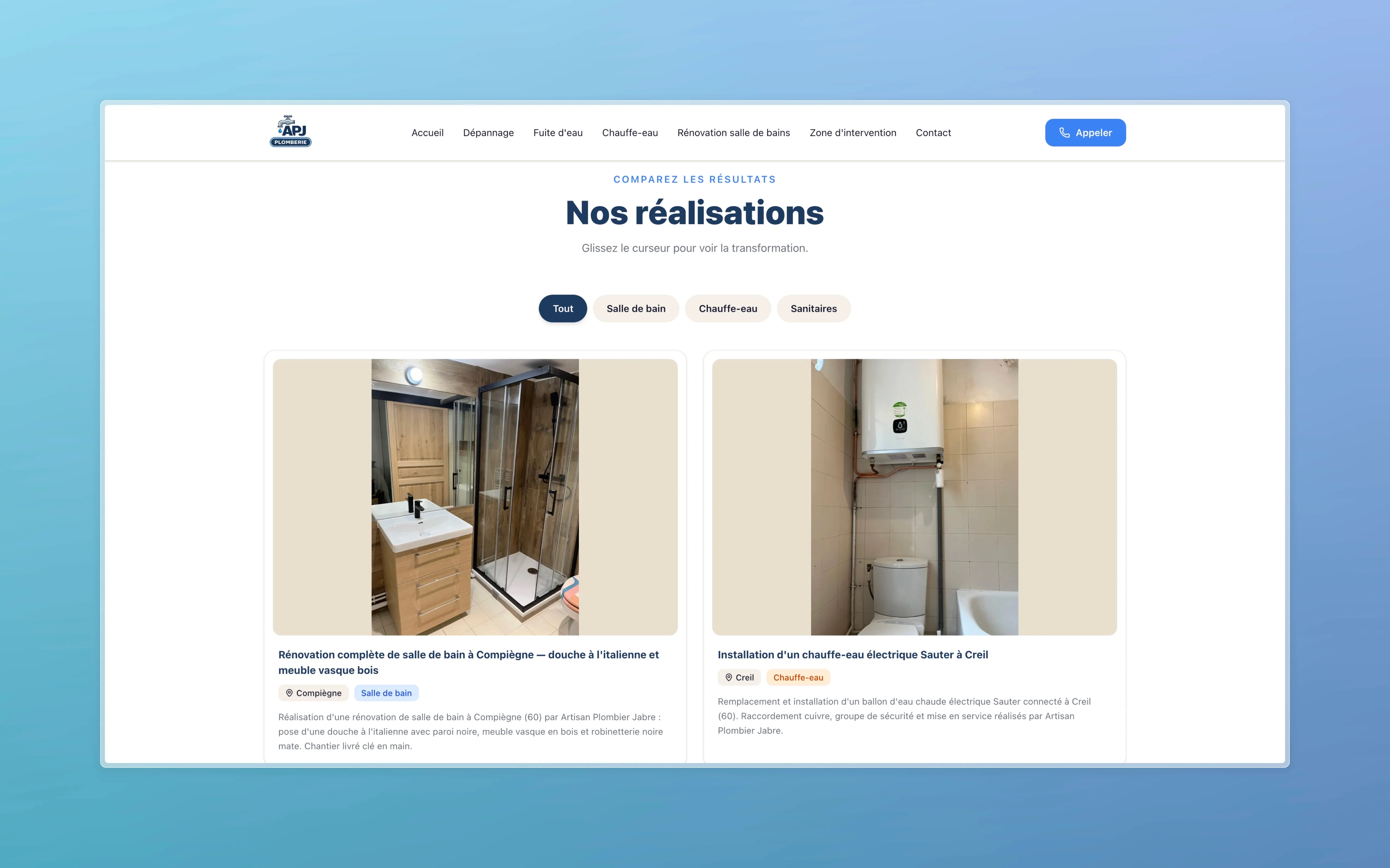 "Our work" section featuring two project cards for bathroom and water heater installations