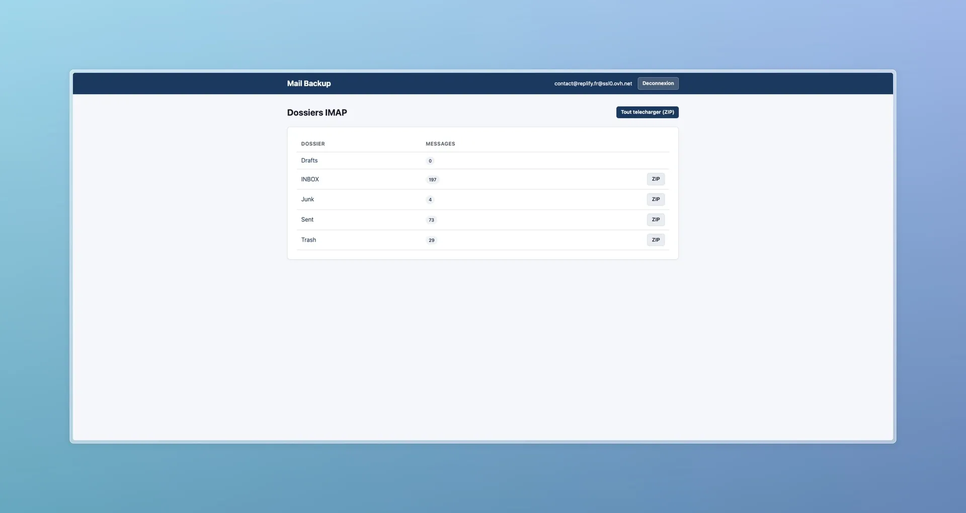 Liste des dossiers IMAP avec nombre de messages et boutons d'export ZIP par dossier