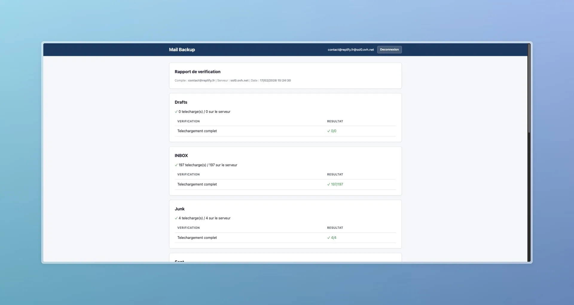 Rapport de vérification affichant le résultat par dossier avec nombre d'emails téléchargés et validés