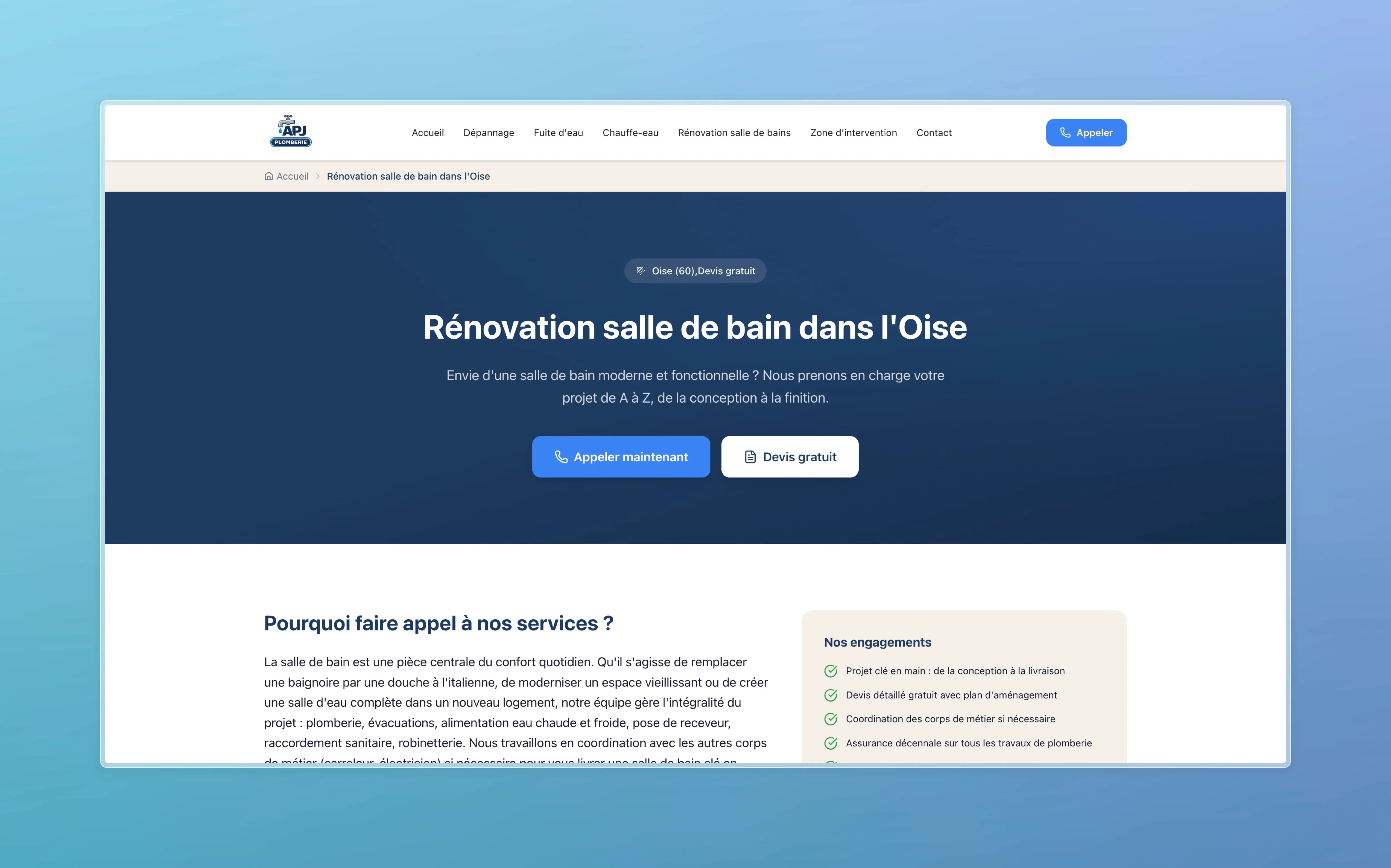 Bathroom renovation service page for the Oise area with "Why choose us" section and commitments block