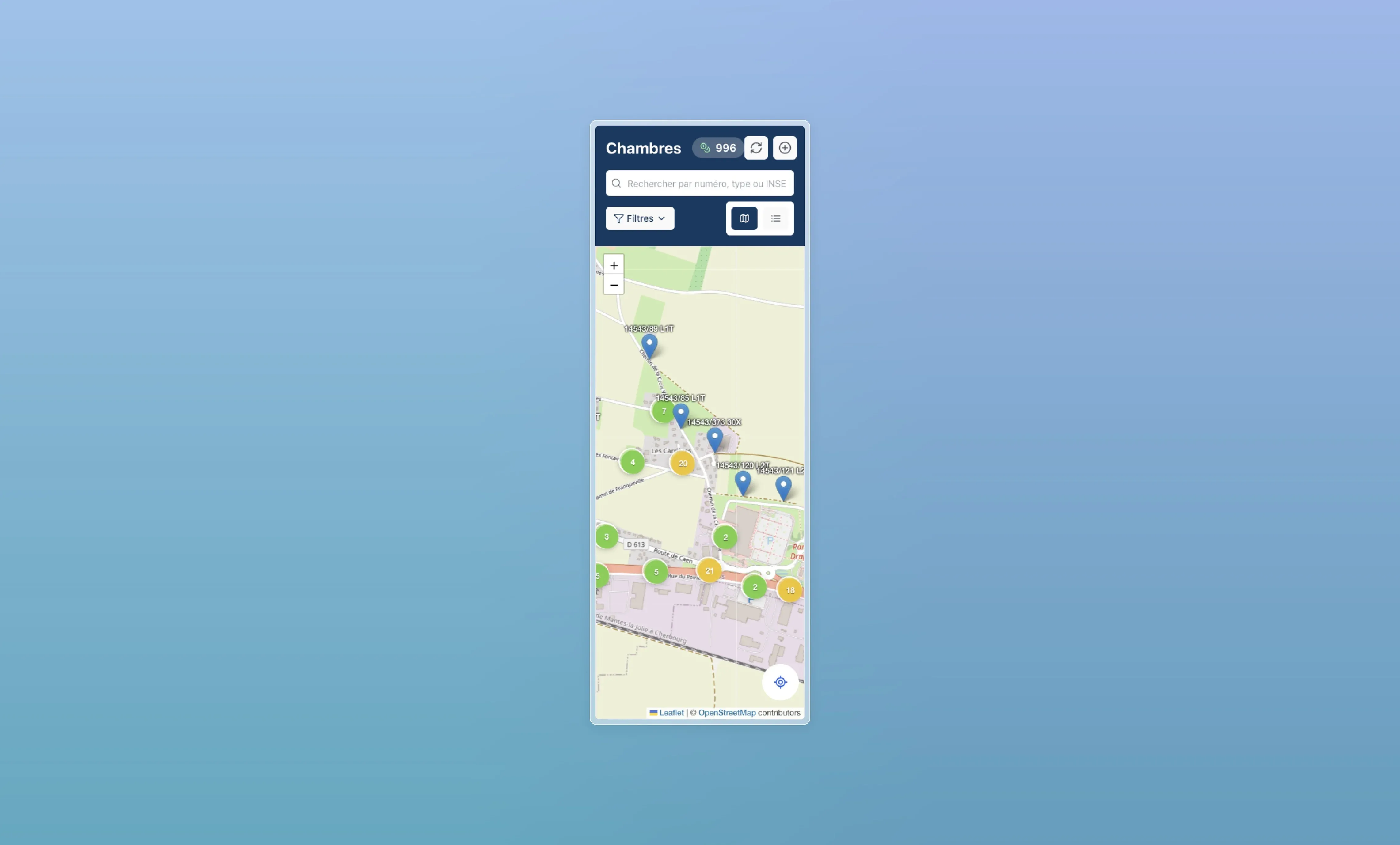Écran d'accueil de l'application mobile Replify avec carte des chambres