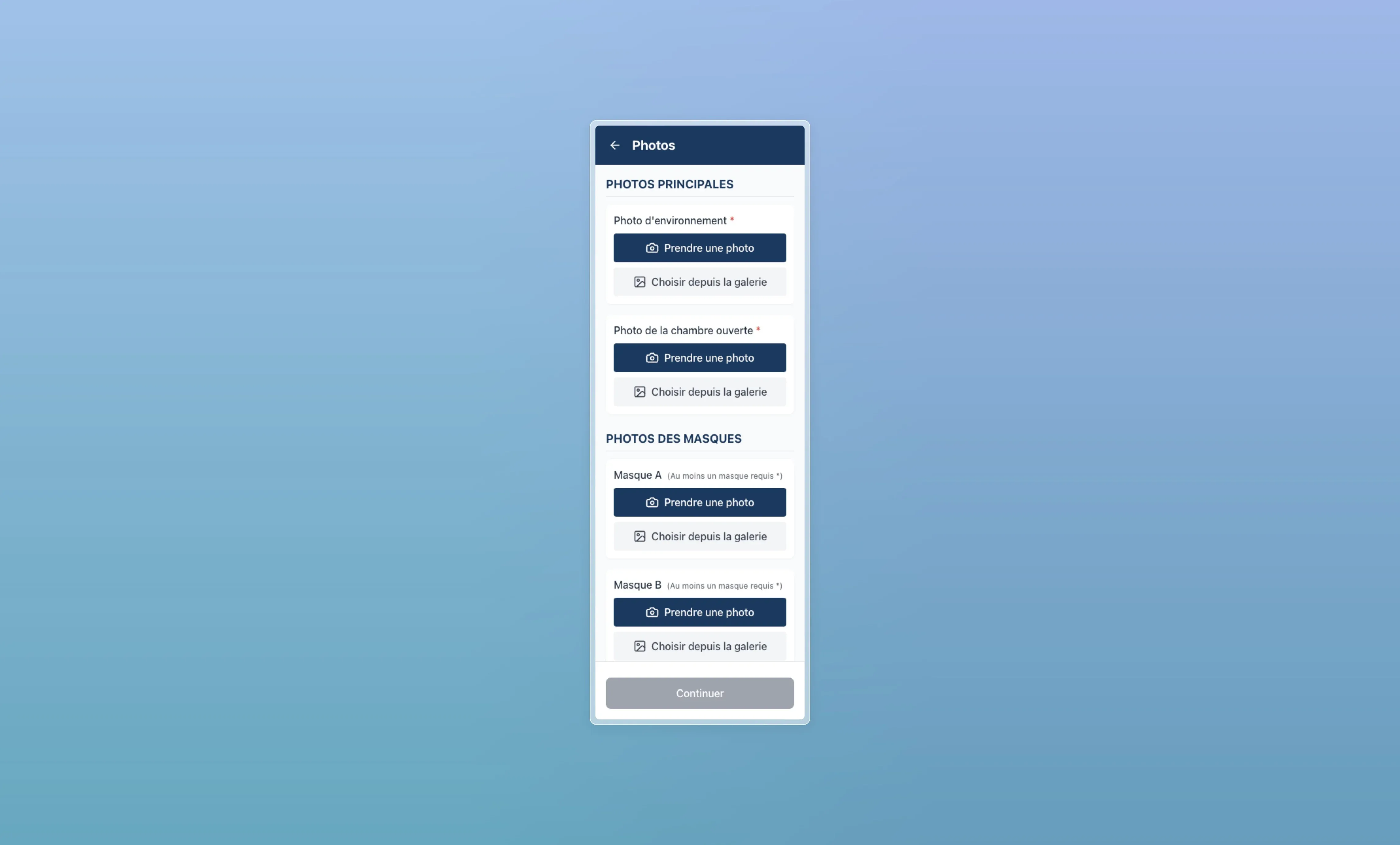 Interface mobile de capture de photos pour les masques et l'environnement